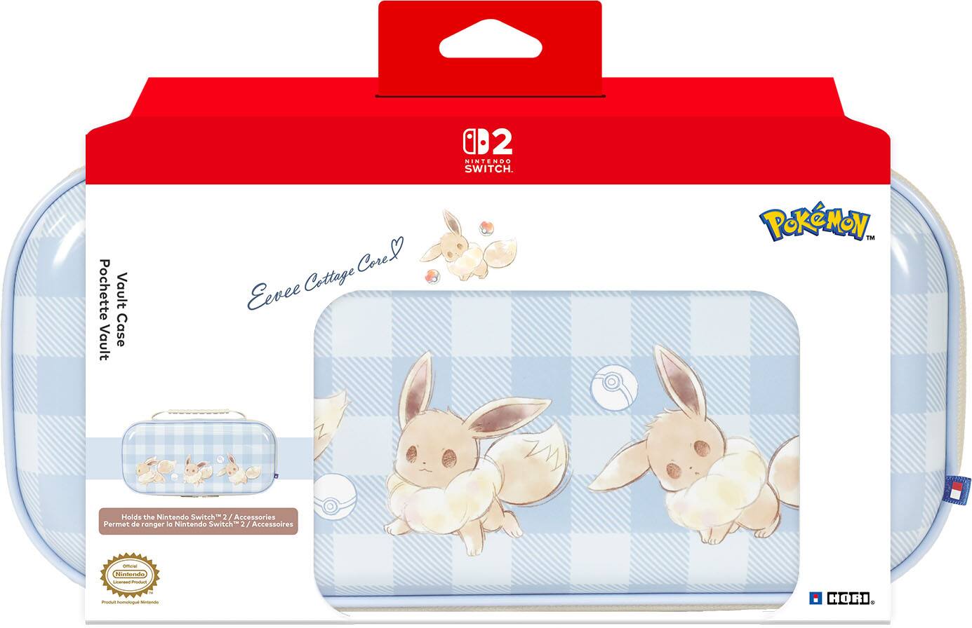 2 Nintendo Switch.  
Pochette Vault Case Core Eevee Cottage  
Holds the Nintendo Switch™ 2 / Accessories  
Permet de ranger la Nintendo Switch™ 2 / Accessoires  
Official Nintendo Licensed Product  
Produit homologué Nintendo  
HORI