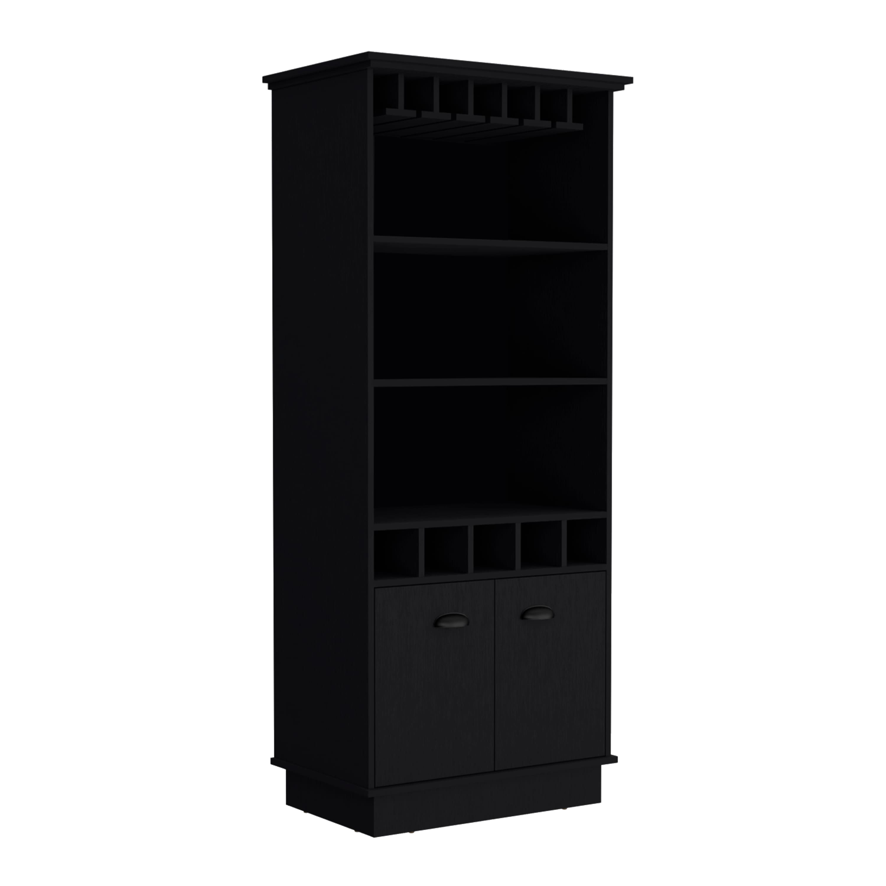 TuHome - Dundee 70-Inch High 10-Glass Bar Cabinet with 5 Cubbies and 3 Open Shelves and Cabinet - Black