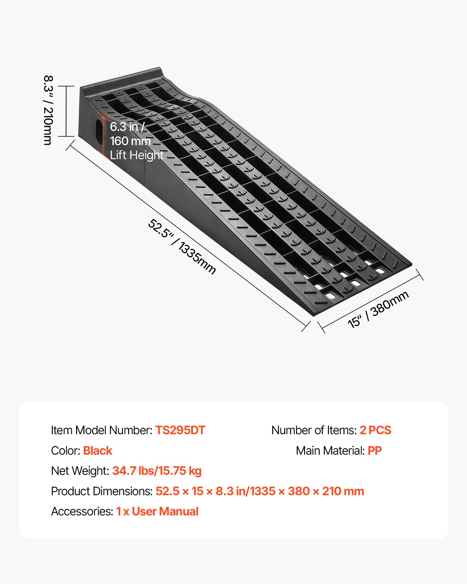 8.3" / 210mm  
6.3 in/ 160 mm Lift Height  
52.5" / 1335mm  
380mm / 15"  
Item Model Number: TS295DT  
Number of Items: 2PCS  
Color: Black  
Main Material: PP  
Net Weight: 34.7 lbs/15.75 kg  
Product Dimensions: 52.5 x 15 x 8.3 in/1335 x 380 x 210 mm  
Accessories: 1x User Manual