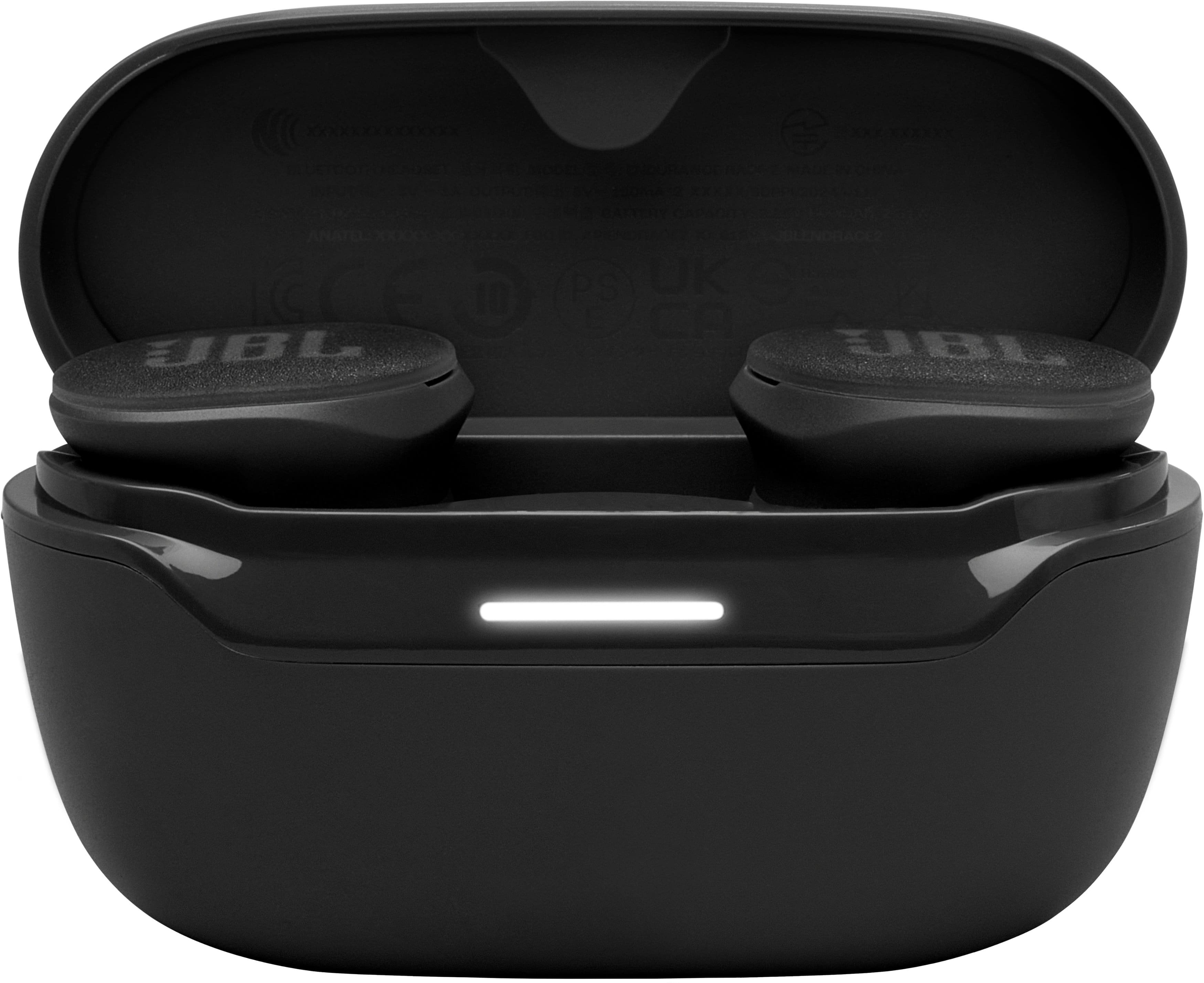JBL is a brand of audio equipment that includes earphones. The image shows a black JBL earphone set, which is a pair of earphones with a black case. The case is open, revealing the earphones inside. The earphones are designed to provide a comfortable and secure fit for the user, and they are likely to deliver high-quality sound for an enjoyable listening experience.