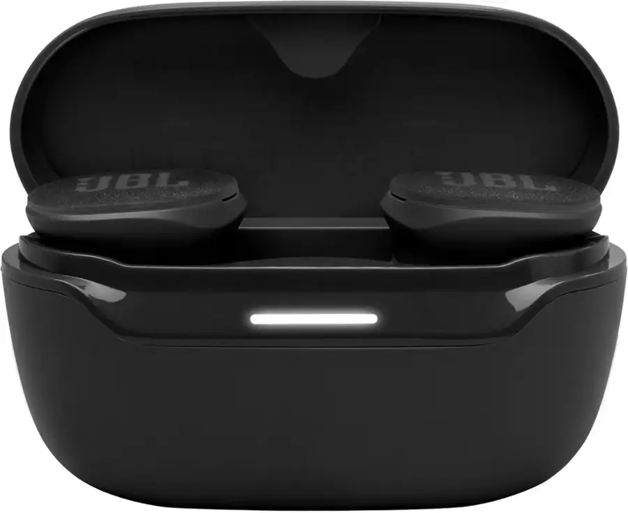 JBL is a brand of audio equipment that includes earphones. The image shows a black JBL earphone set, which is a pair of earphones with a black case. The case is open, revealing the earphones inside. The earphones are designed to provide a comfortable and secure fit for the user, and they are likely to deliver high-quality sound for an enjoyable listening experience.