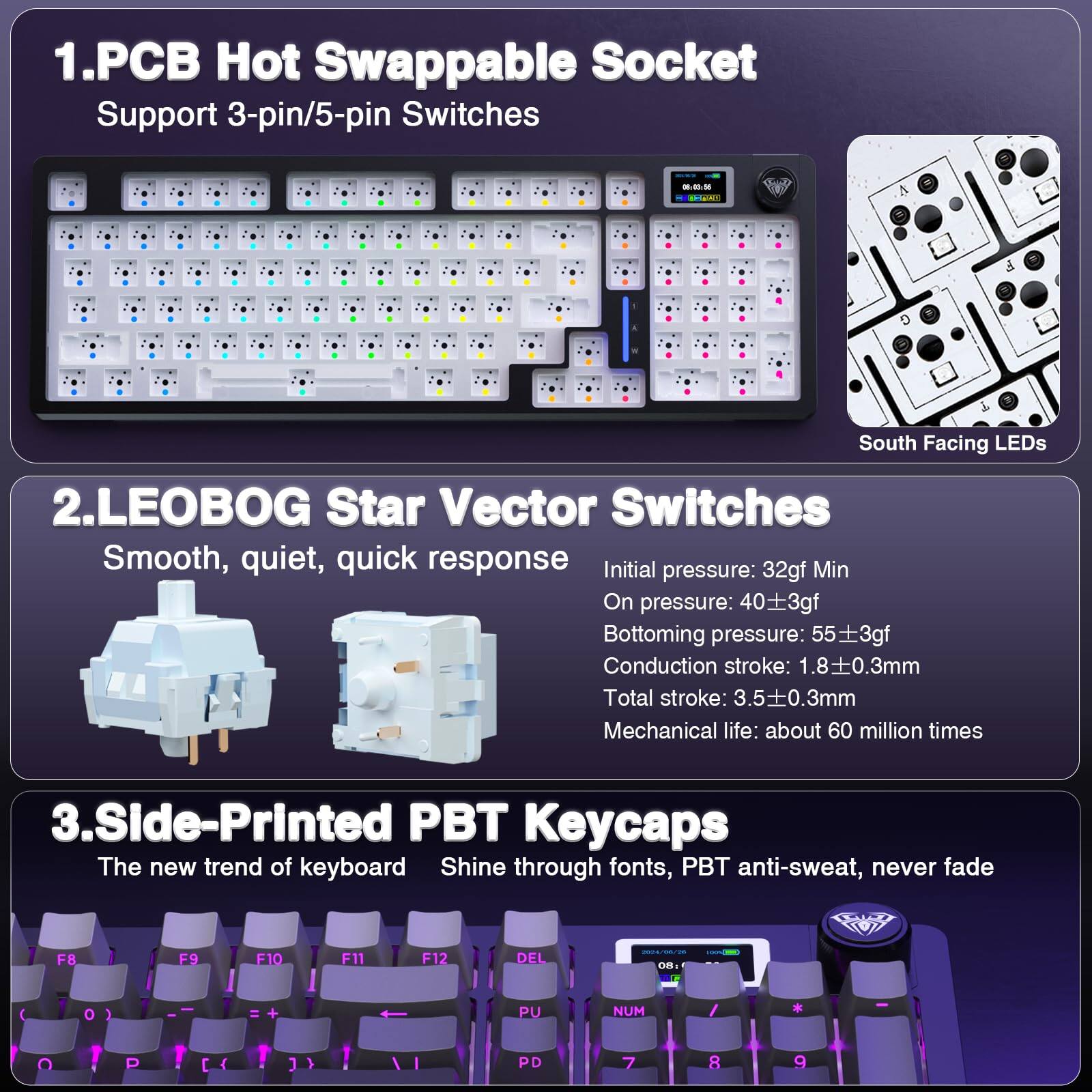 1. PCB Hot Swappable Socket  
   Support 3-pin/5-pin Switches  
   South Facing LEDs

2. LEOBOG Star Vector Switches  
   Smooth, quiet, quick response  
   Initial pressure: 32gf Min  
   On pressure: 40±3gf  
   Bottoming pressure: 55±3gf  
   Conduction stroke: 1.8±0.3mm  
   Total stroke: 3.5±0.3mm  
   Mechanical life: about 60 million times

3. Slide-Printed PBT Keycaps  
   The new trend of keyboard  
   Shine through fonts, PBT anti-sweat, never fade