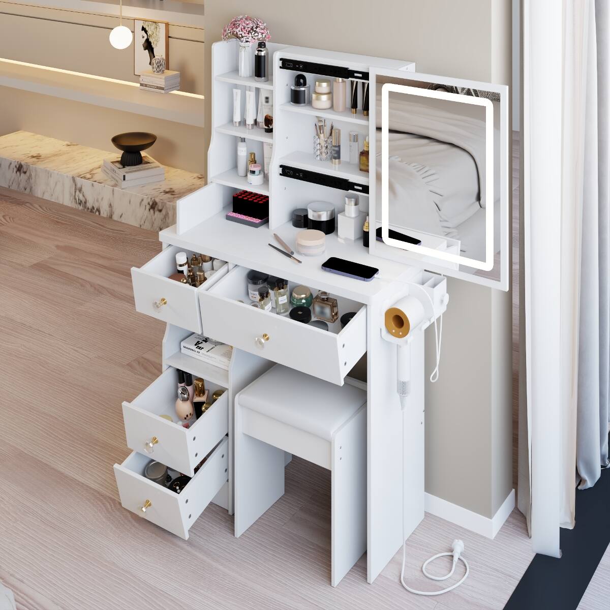 Front. Loheer - Loheer Small Makeup Vanity With Stool, Three Color LED Mirror, Two AC Outlets and Two USB Ports - White.