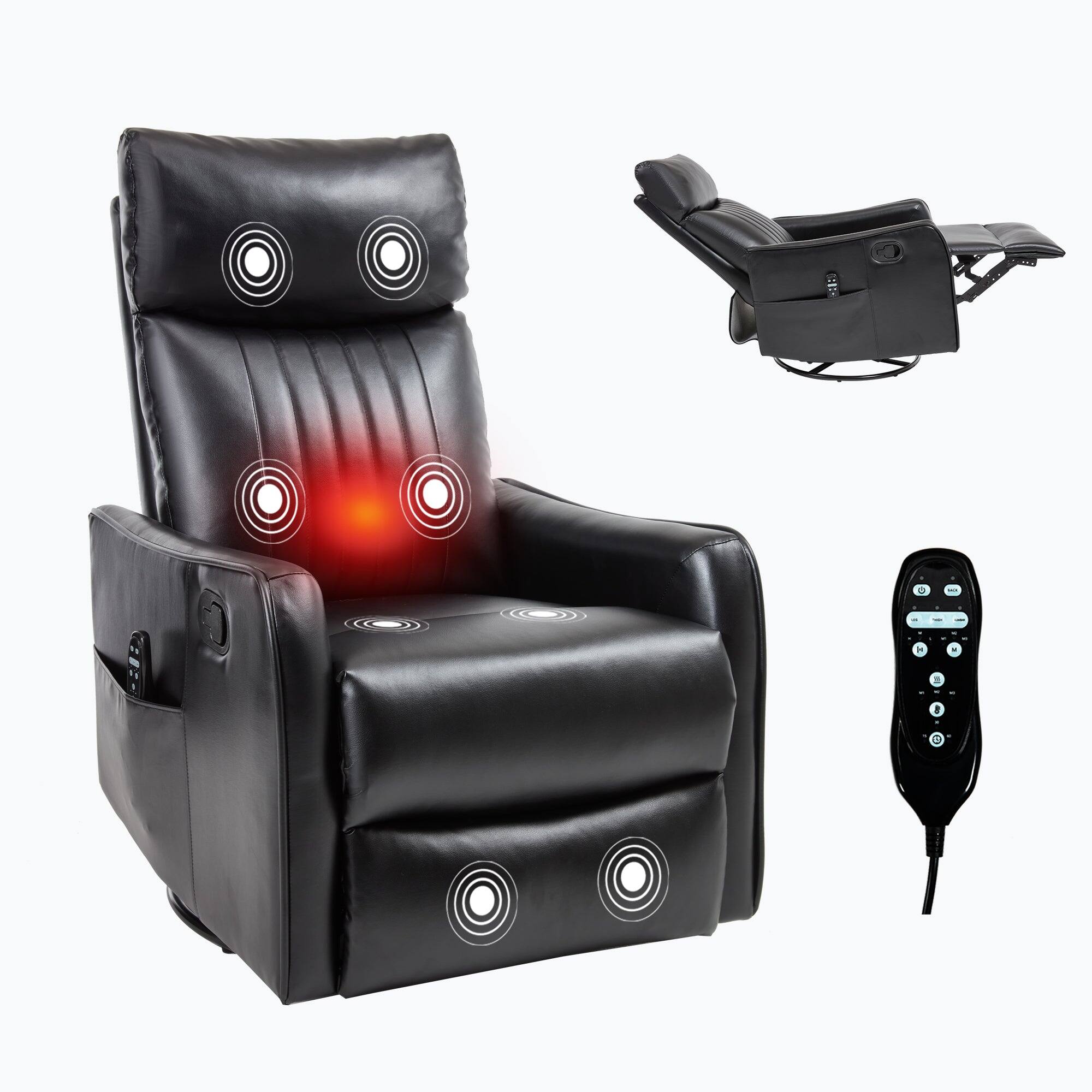 Front. Boyel Living - Black Faux Leather Heat Massage Manual Recliner Chair with Rocker and Swivel for Living Room - Black.