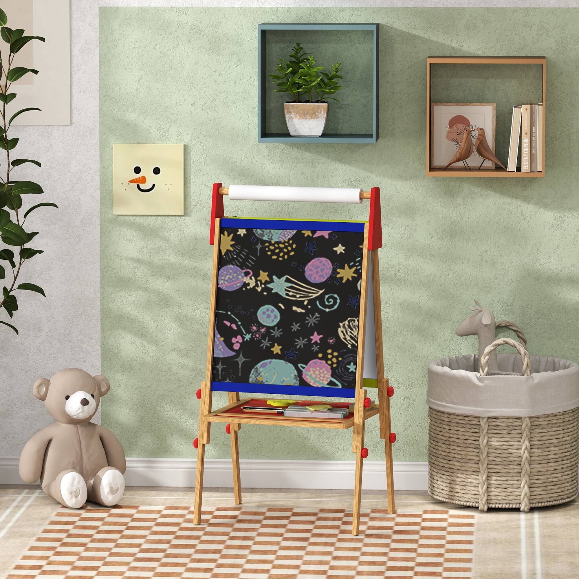 Angle. Qaba - Qaba 3 in 1 Kids Wooden Art Easel with Paper Roll, Whiteboard, Chalkboard, Storage Tray, Painting Accessories.