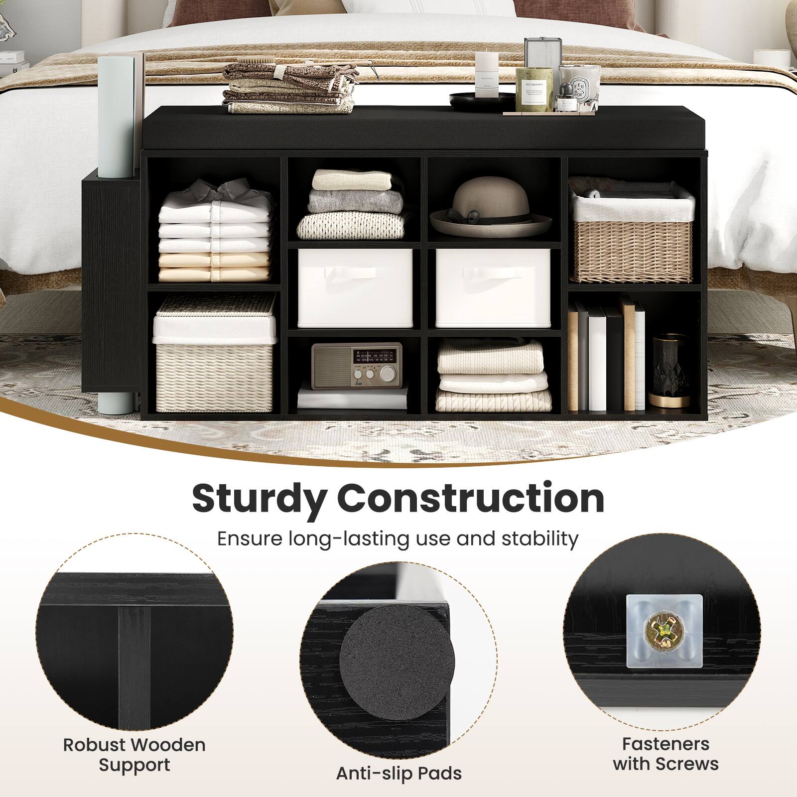 Sturdy Construction  
Ensure long-lasting use and stability  

Robust Wooden Support  
Anti-slip Pads  
Fasteners with Screws