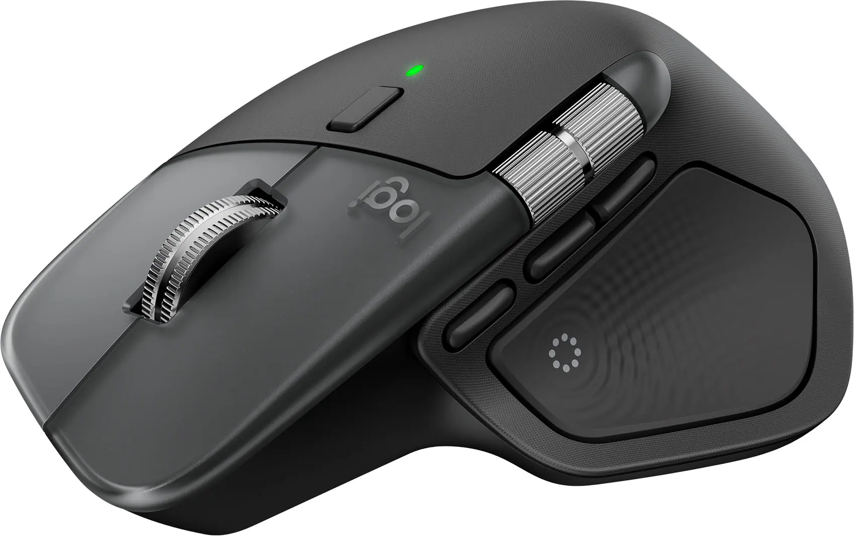 Front. Logitech - MX Master 4 for Mac - Wireless Laser Ergonomic Mouse with Advanced Performance Haptic Feedback - Space Black.
