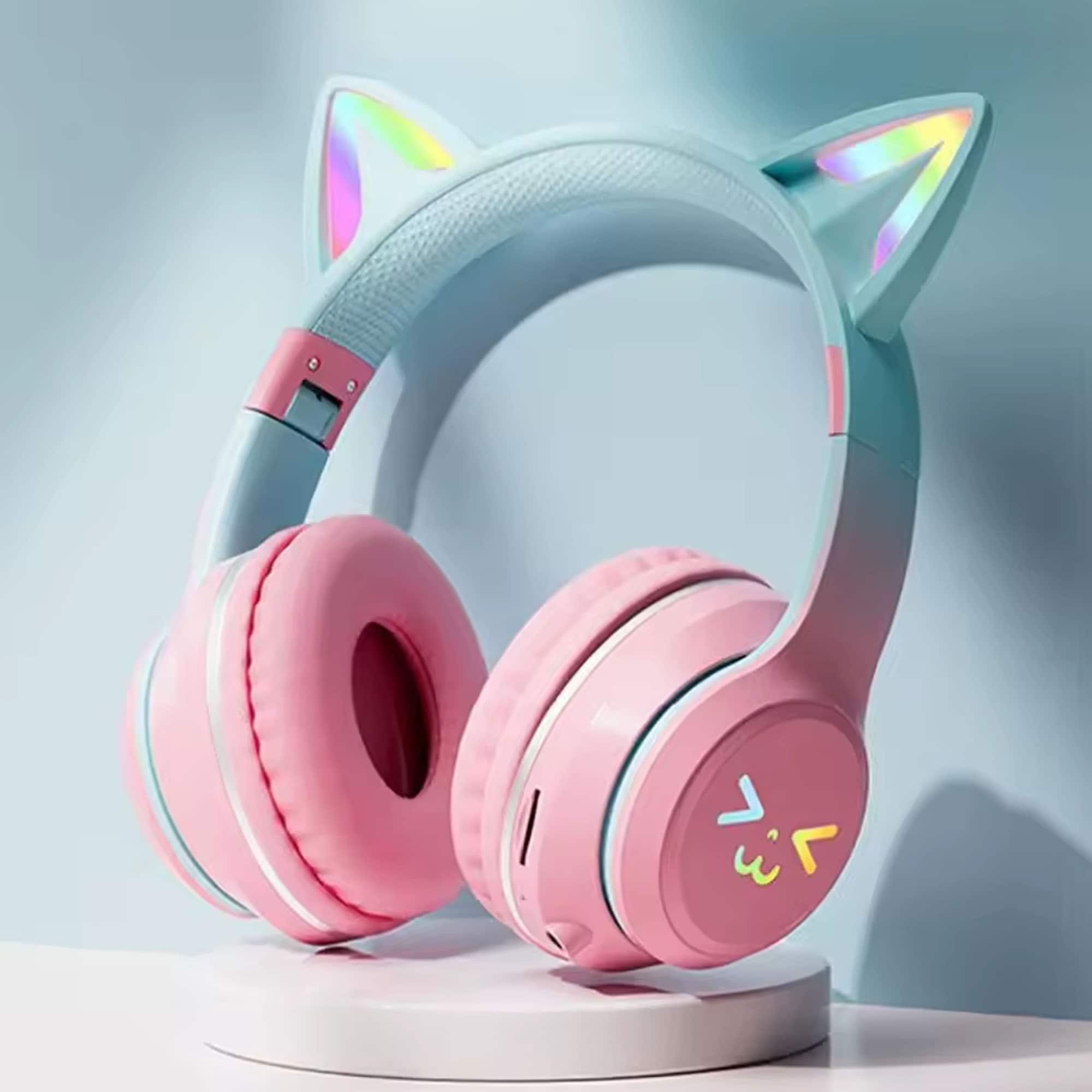 YONWAY - Cute Cat Ear Bluetooth Headsets, LED Light Up Over Ear Headphones, Foldable Wireless Earphones for iPhone, iPad, Laptop