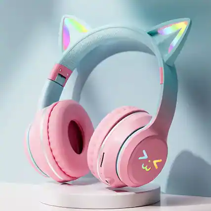 Front. YONWAY - Cute Cat Ear Bluetooth Headsets, LED Light Up Over Ear Headphones, Foldable Wireless Earphones for iPhone, iPad, Laptop.