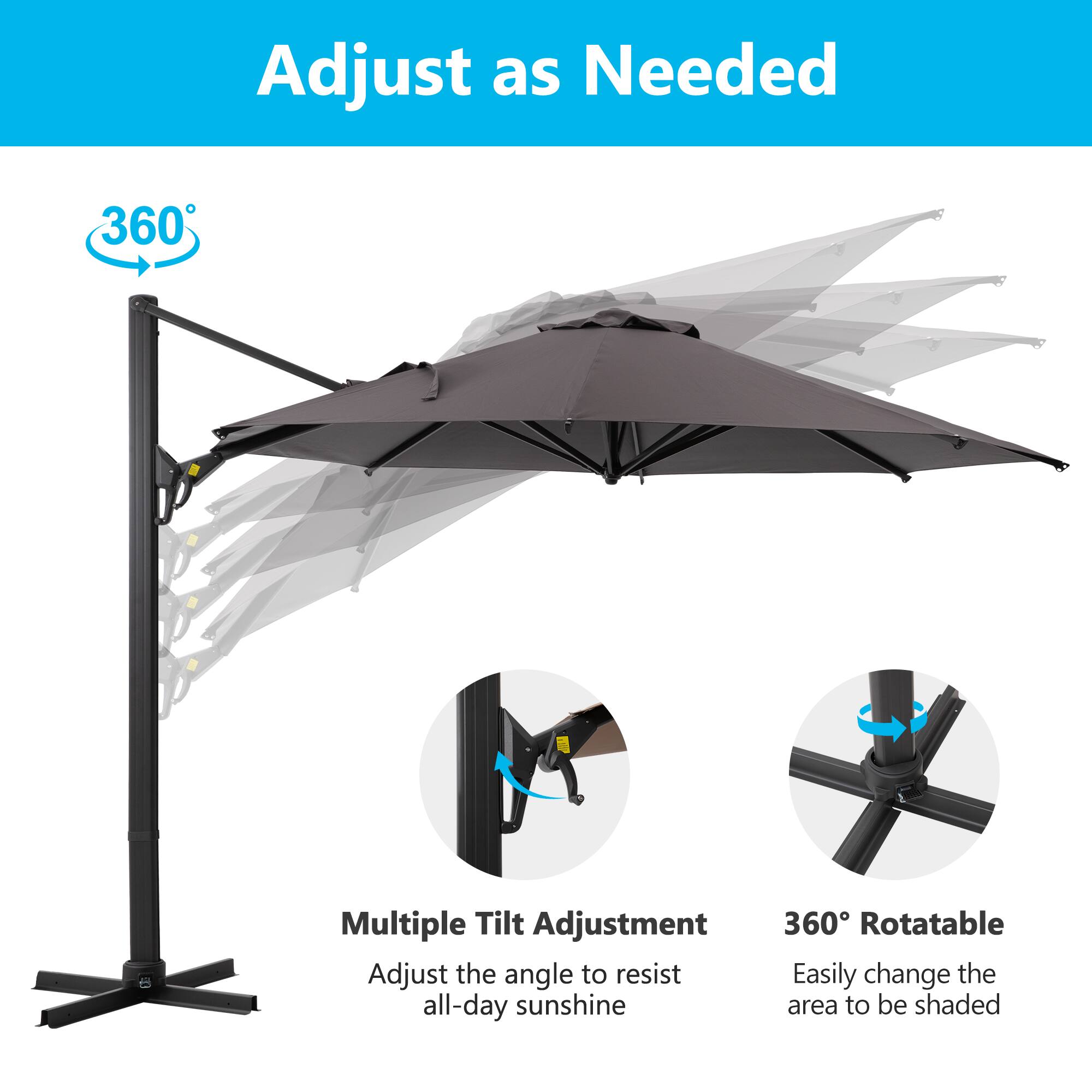 Adjust as Needed

360° Multiple Tilt Adjustment  
Adjust the angle to resist all-day sunshine

360° Rotatable  
Easily change the area to be shaded