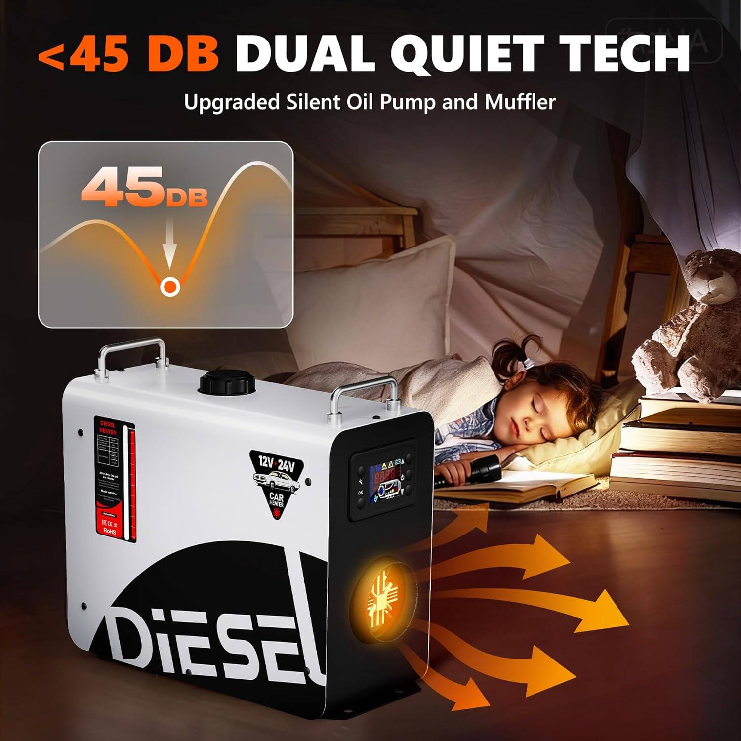 <45 DB DUAL QUIET TECH  
Upgraded Silent Oil Pump and Muffler  
45DB DS HEATS 12V-24V  
12V CAR PORER  
B896  
- DIESEL