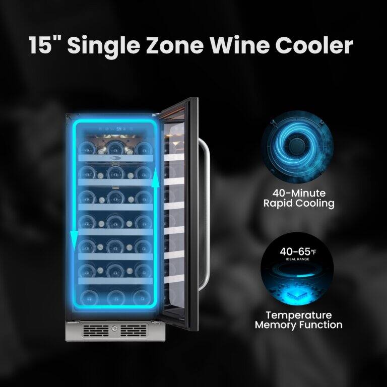 15" Single Zone Wine Cooler

- 40-Minute Rapid Cooling
- 40-65°F Ideal Range
- Temperature Memory Function