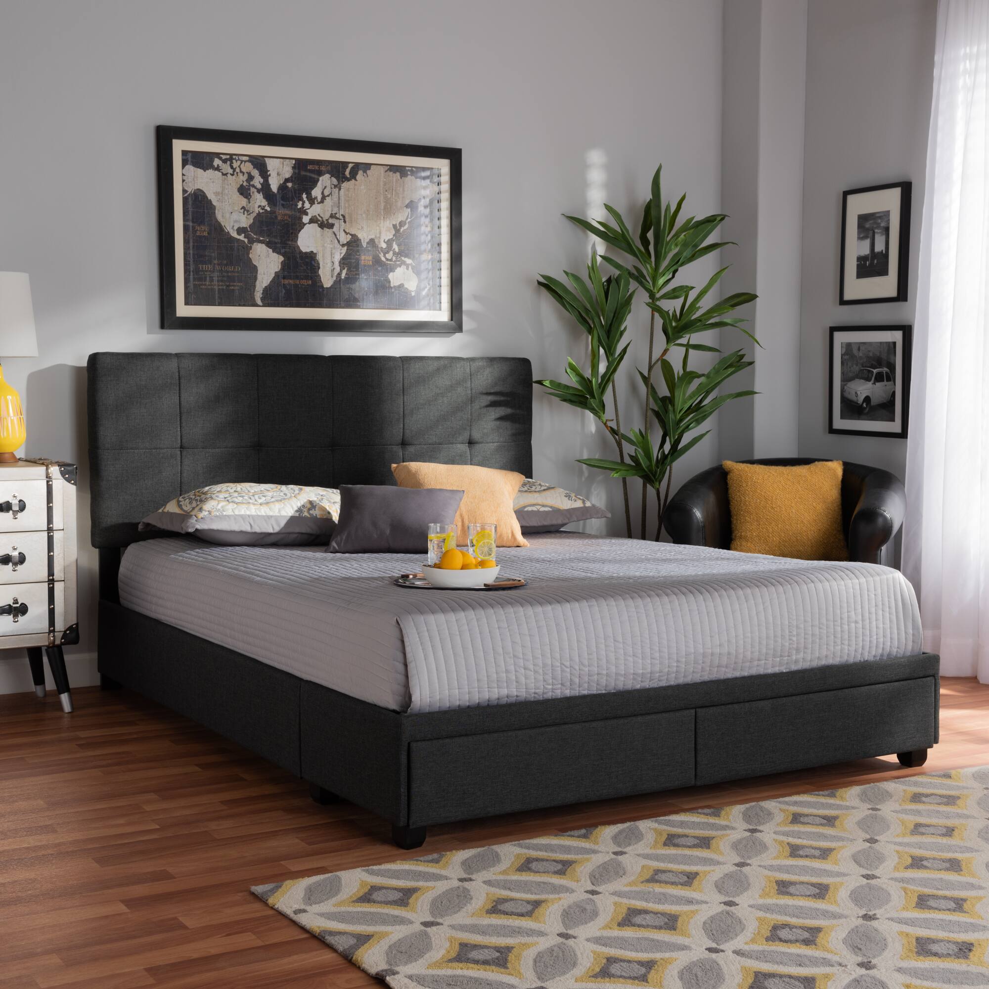 Alt View 4. Baxton Studio - Netti Fabric Upholstered 2-Drawer Queen Size Platform Storage Bed - Dark Grey/Black.