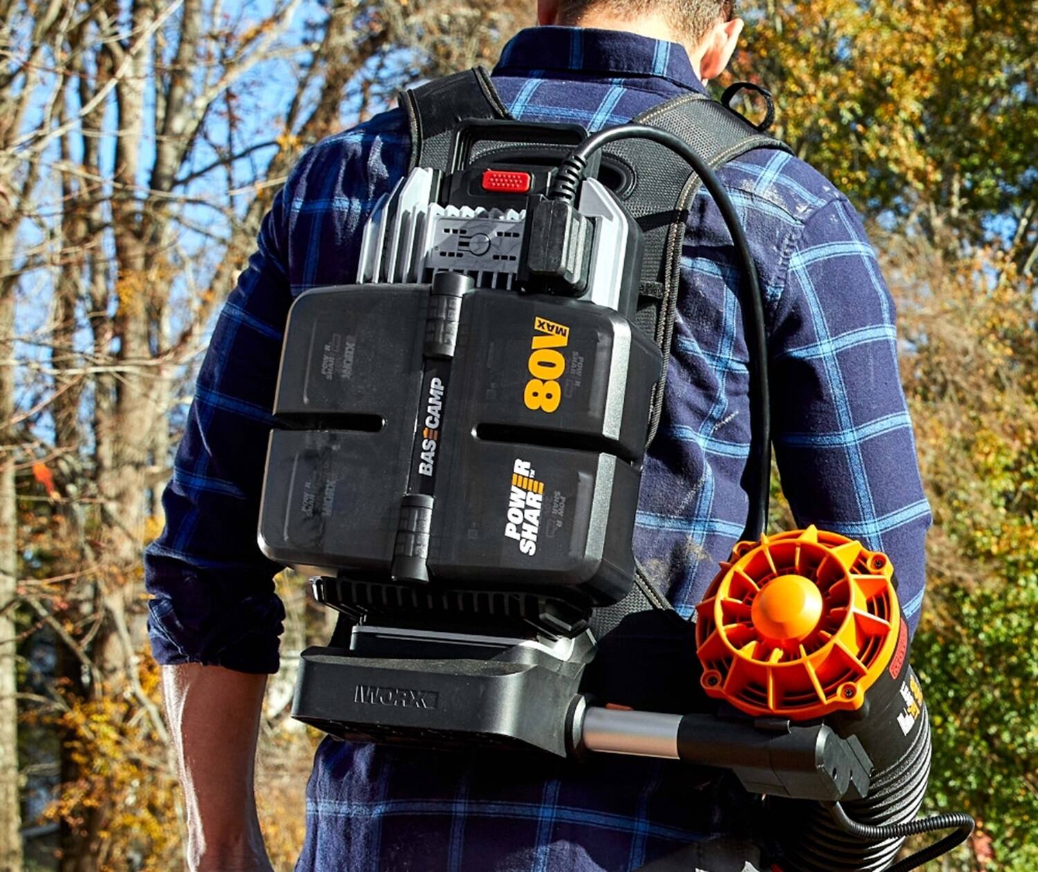 Angle. WORX - Nitro 80V LEAFJET Cordless Backpack Leaf Blower, 800 CFM - 150 MPH (4 x 5.0 Ah Batteries & 1 Basecamp Charger Included) - Black.