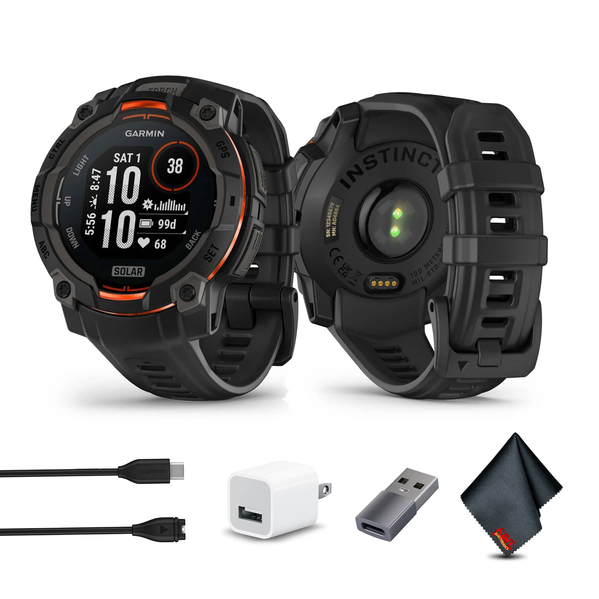 Sure, here is the corrected and grouped text from the image:

**Watch Face:**
- GARMIN
- SAT 1
- 38
- 10
- 5:56
- 10
- 99d
- 68
- LIGHT
- 8:47
- MENU
- UP
- DOWN
- ABC
- BACK
- SET
- SOLAR
- INSTINCT
- 12345679
- A04884
- NS
- MN
- CE
- METER
- Z
- 100
- MIL-STD-101

**Watch Body:**
- INSTINCT
- 100 METERS
- MIL-STD-101
- CE
- 100

**Charger:**
- GARMIN

**USB Cable:**
- GARMIN

**USB Drive:**
- (No visible text)

**Cleaning Cloth:**
- (No visible text)