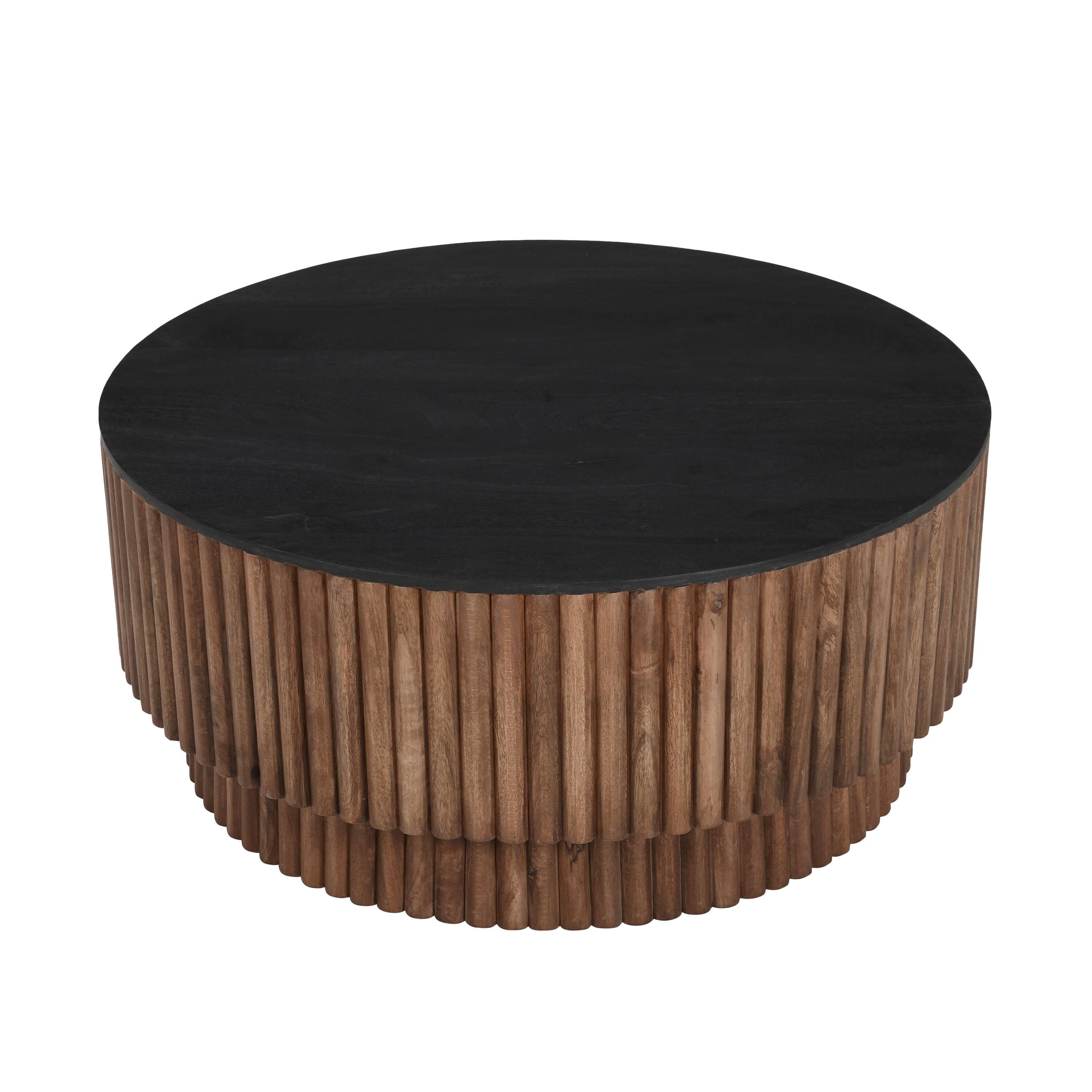 Angle. Manhattan Lane - Montoya Coffee Table | 34" Round Black Top | Mango Wood Fluted Plinth Base - Black, Brown.