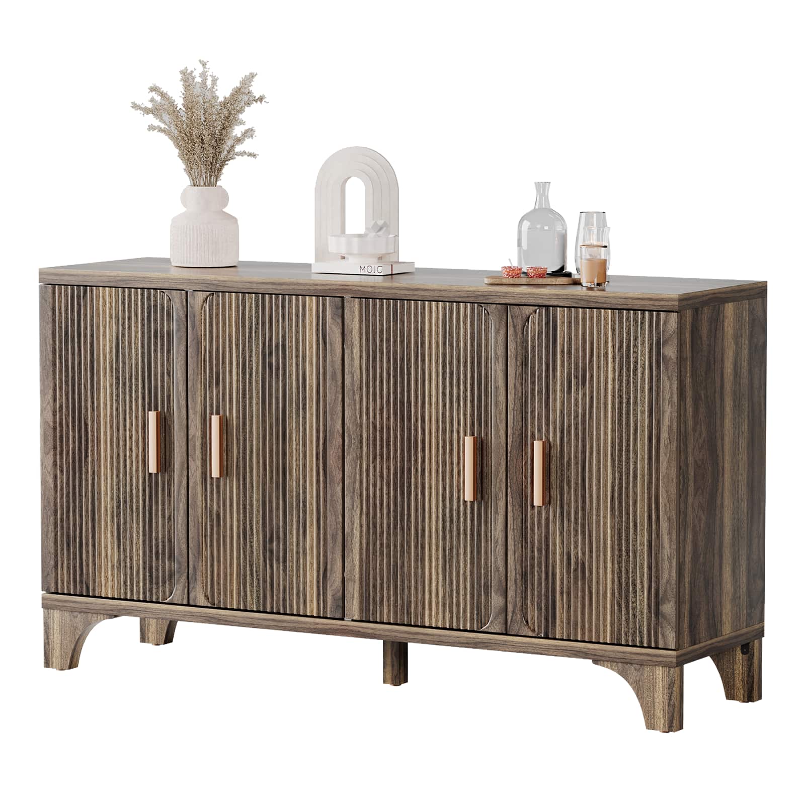 Sugift - 55" Mid Century Modern Fluted Buffet Cabinet with Storage 4 Door Wood Sideboard Credenza for Kitchen Living Room - Brwon