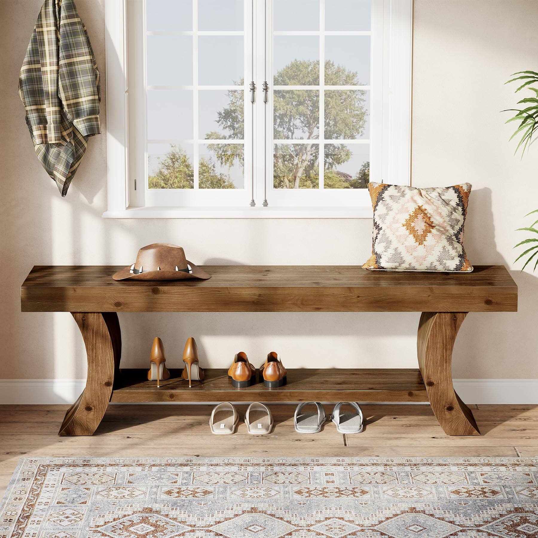 Alt View 1. Tribesigns - Solid Wood Entryway Bench with Thick Curved Base and Open Storage Shelf - Brown.