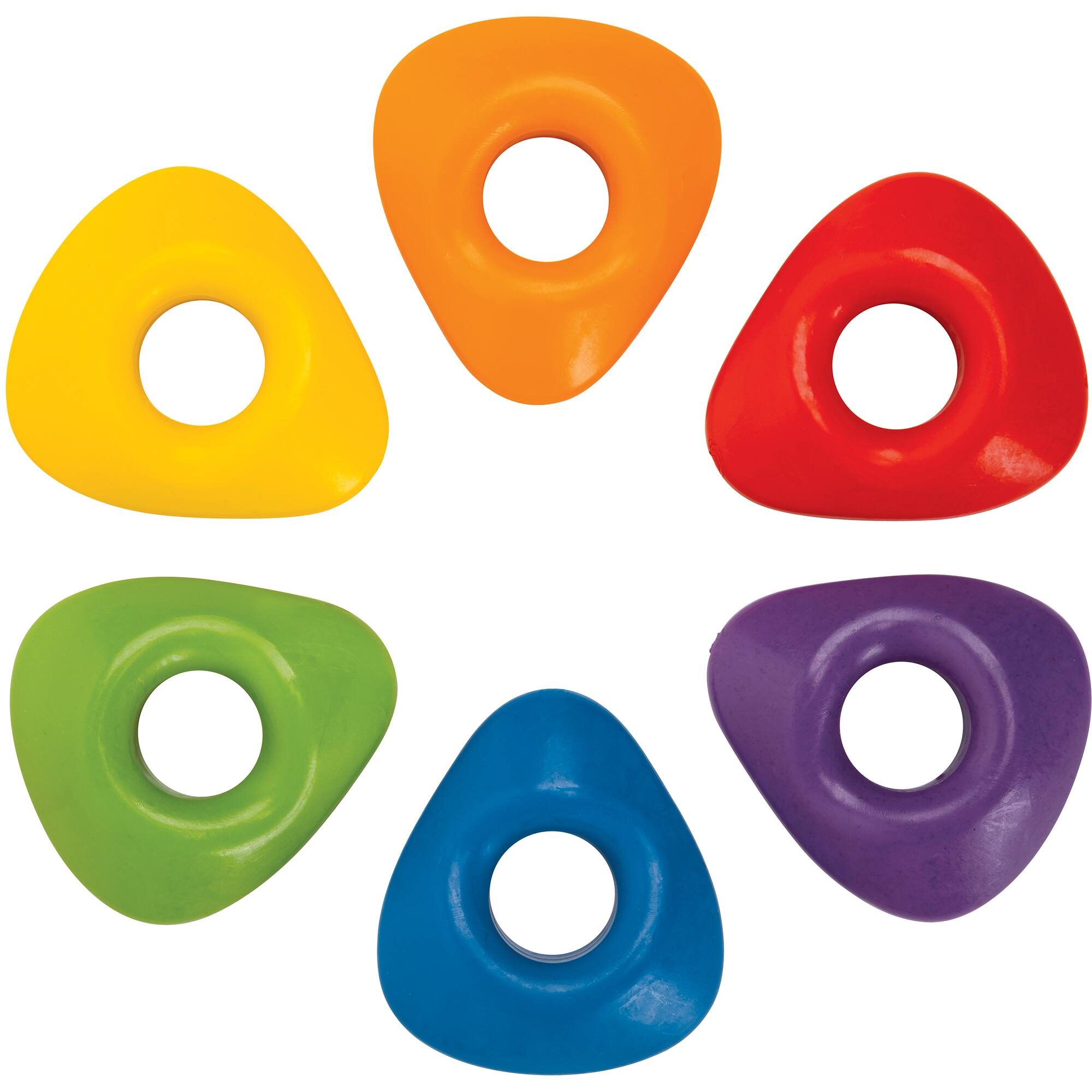 The image features a group of six different colored plastic rings, each with a hole in the center. The colors include red, green, yellow, blue, purple, and orange. The rings are arranged in a circular pattern, with each ring having a unique color and size. The arrangement creates an aesthetically pleasing display of these colorful plastic rings.