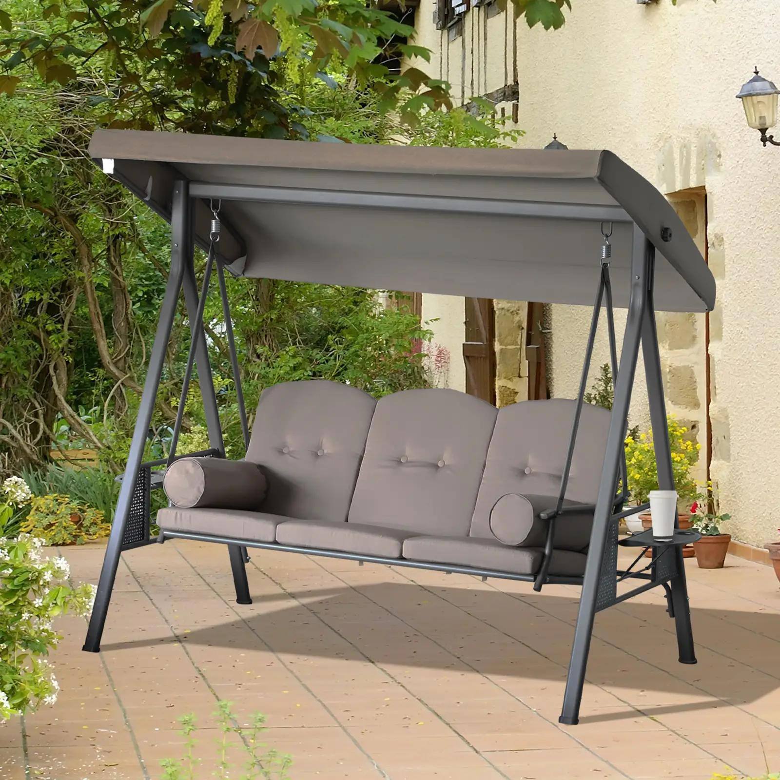 Left. Resenkos - Resenkos 3-Seat Swing Chair, Outdoor Glider With Canopy, Removable Cushions, Pillows, Side Trays, Garden,  Brown.