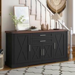Kadyn - 63" Farmhouse Barn Door Cabinet with 2 Drawers and Adjustable Shelves - Black