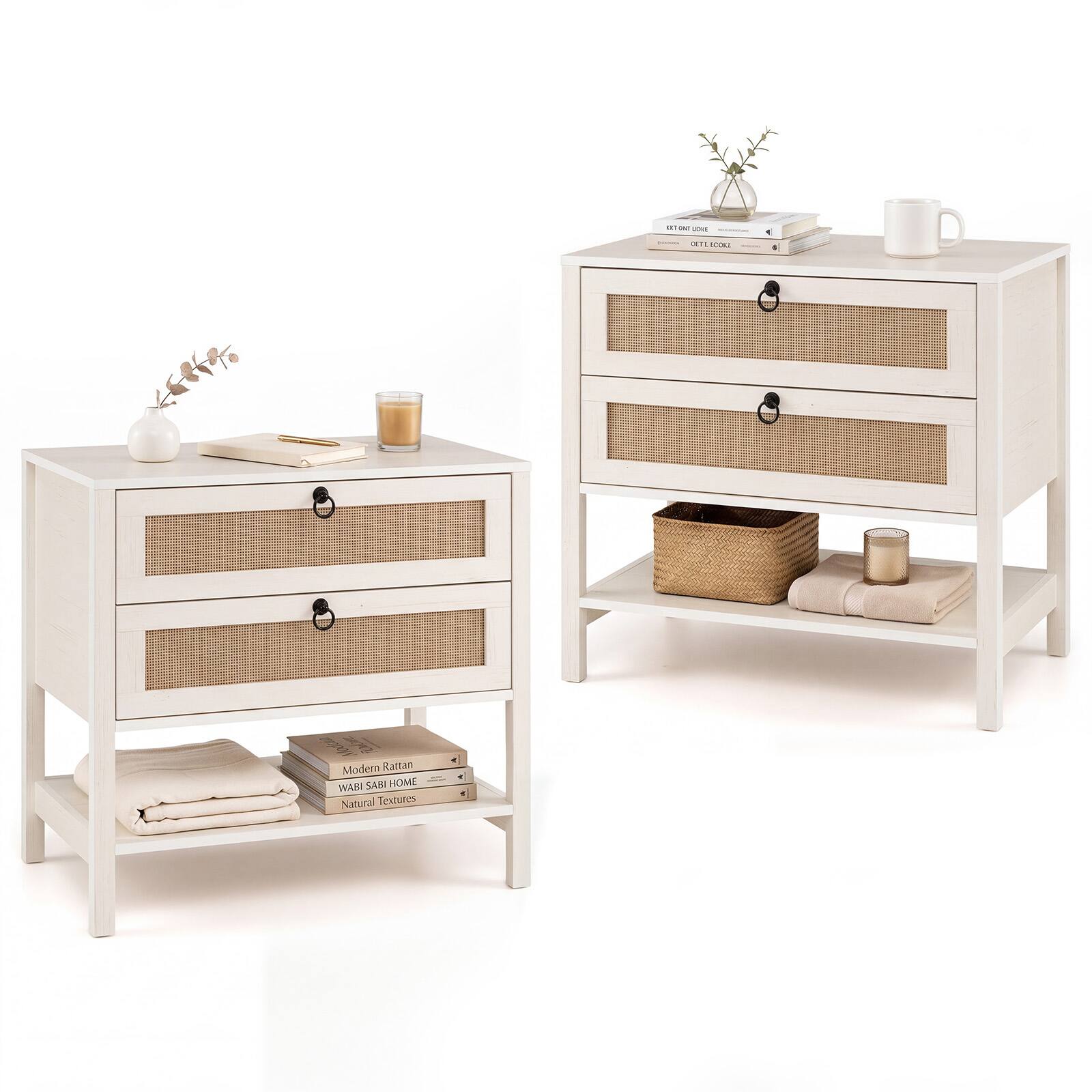 Costway - 2 PCS 27" Rattan Nightstand with 2 Drawers, Coastalwashed Accent Tablewashed - Whitewashed Oak