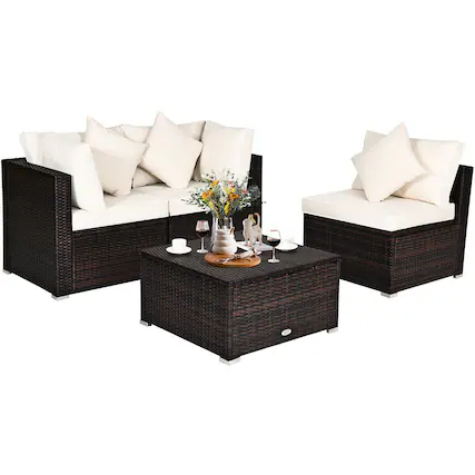 Front. Costway - 4PCS Patio Rattan Wicker Sofa Furniture Set Cushioned Conversation Ottoman Set - White.