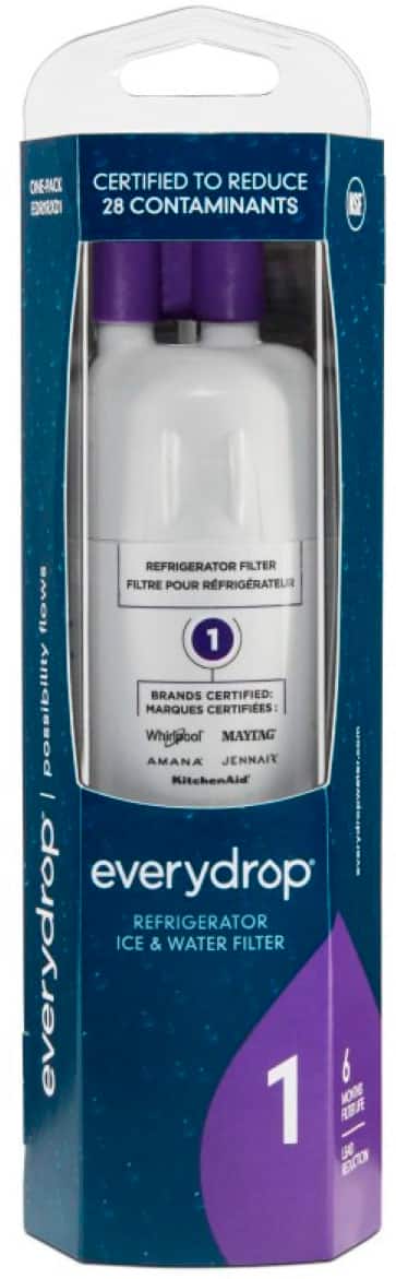 The text on the image is grouped and corrected as follows:
"ONE-RACK CERTIFIED TO REDUCE 28 CONTAMINANTS. I REFRIGERATOR FILTER. FILTER POUR RFRIGRATEUR. flows 1 BRANDS CERTIFIED: Whirlpool, Maytag, Amana, JennAir, KitchenAid. I everydrop REFRIGERATOR ICE & WATER FILTER. everydrop 1 MO 6 RB U LCIN."