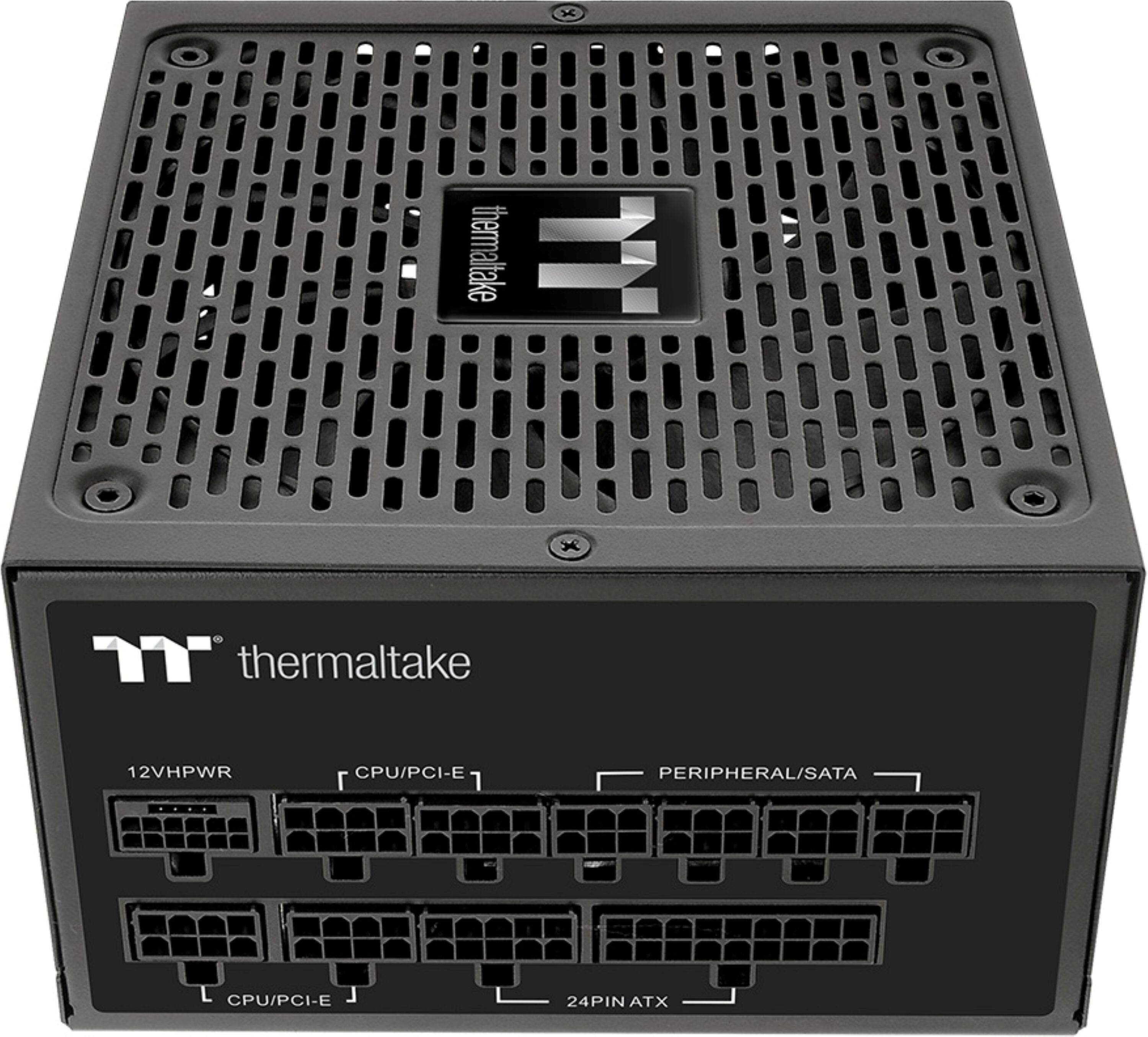 The text on the image reads "thermaltake 12VHPWR CPU/PCI-E PERIPHERAL/SATA CPU/PCI-E 24PIN ATX". This text is describing a Thermaltake power supply unit, which is designed to provide power to a computer's CPU and PCI-E peripherals, as well as other components like SATA drives. The unit is rated at 12VHPWR and is compatible with a 24-pin ATX motherboard.