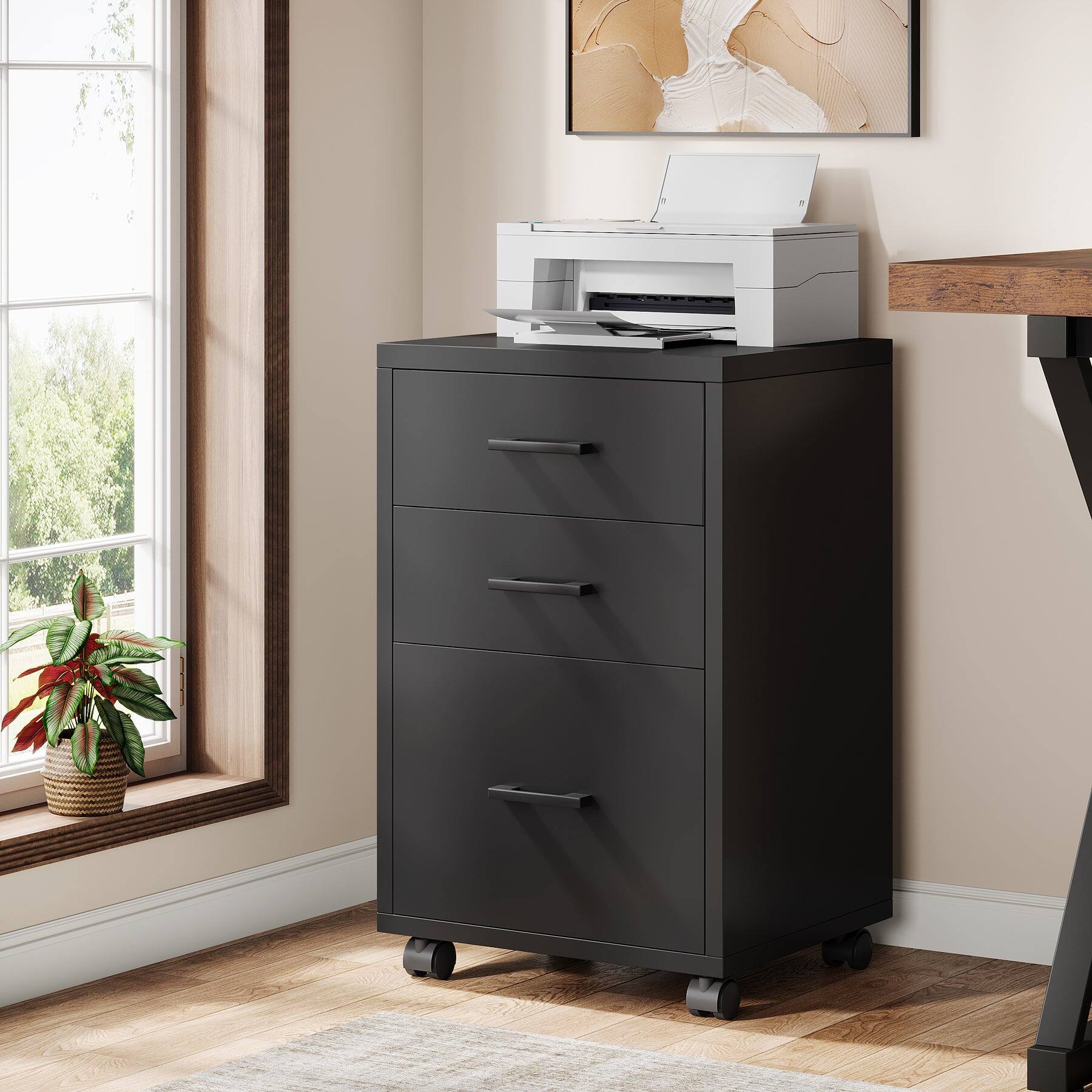 Front. Tribesigns - Office Computer Desk with Wooden Frame, Storage Drawers, for Computer Work, Writing and Study in Home Offices - Black.