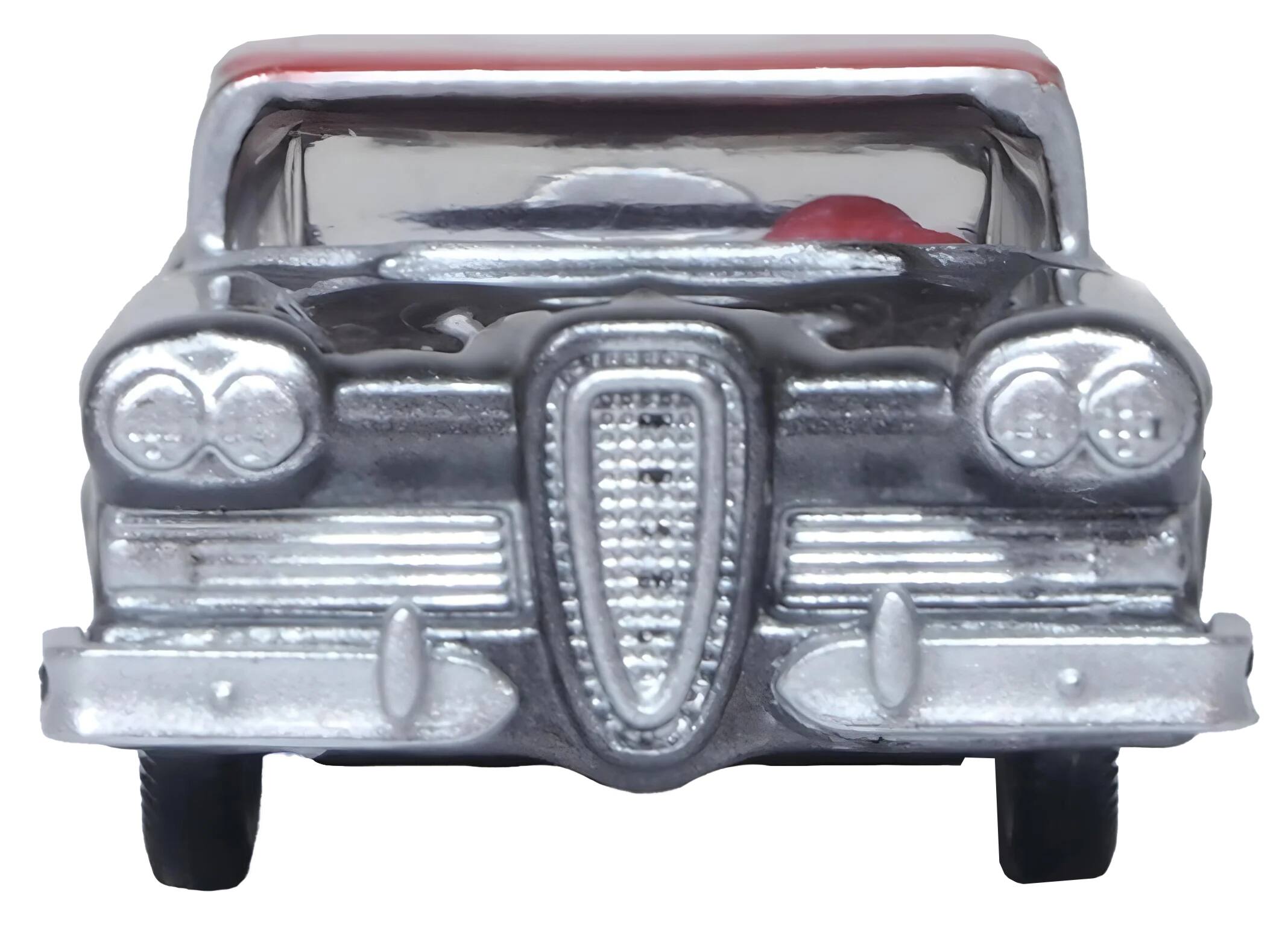 Left. Oxford Diecast - 1958 Edsel Citation Silver Gray Metallic with Ember Red Top and Red Interior 1/87 (HO) Scale - Silver Gray Metallic With Ember Red.