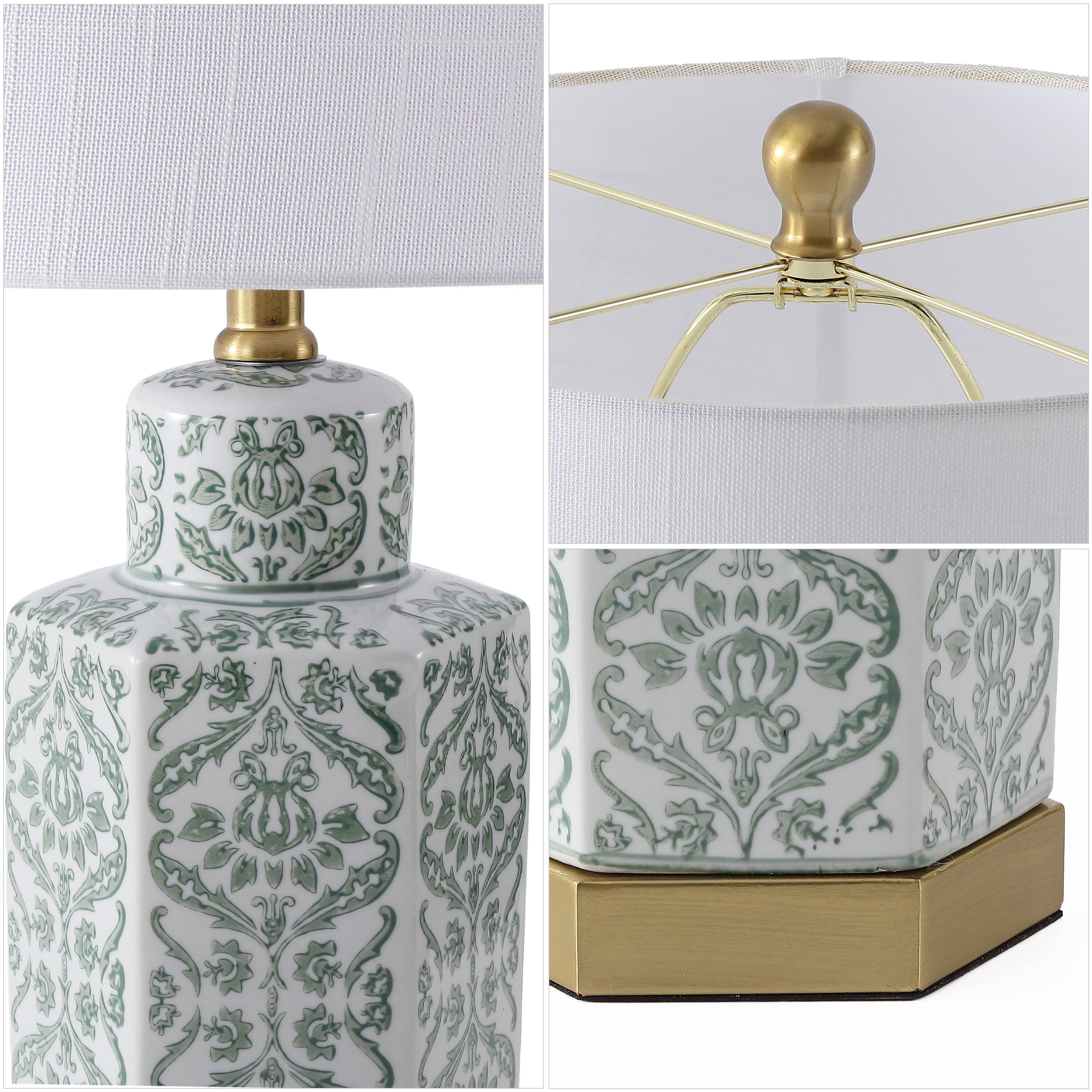 Alt View 4. Jonathan Y - Diana 23.5" Classic Green and White Floral Ceramic Table Lamp with Brass Base, Traditional for Living Room - Green/White.