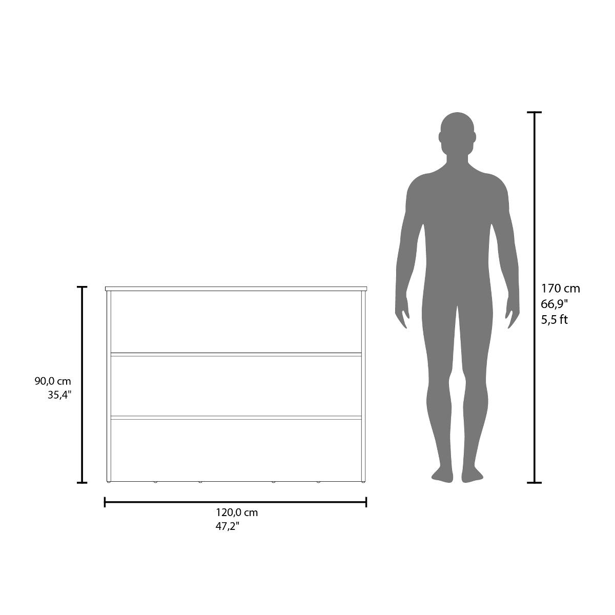 170 cm 66,9" 5,5ft  
90,0 cm 35,4"  
120,0 cm 47,2"
