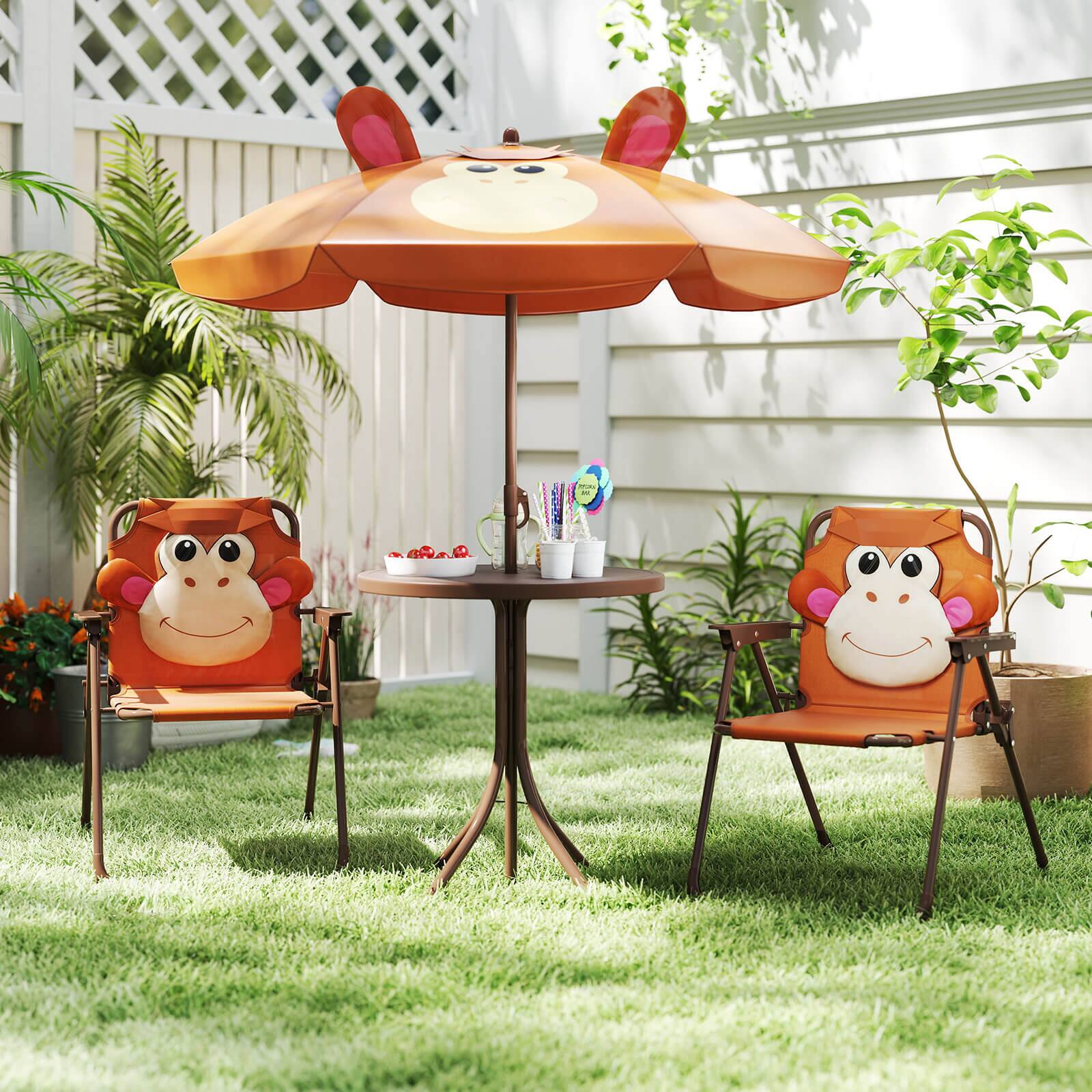 Alt View 3. Costway - Costway Kids Picnic Table & Chair Set with 2 Folding Chairs & Height Adjustable Umbrella - Brown.