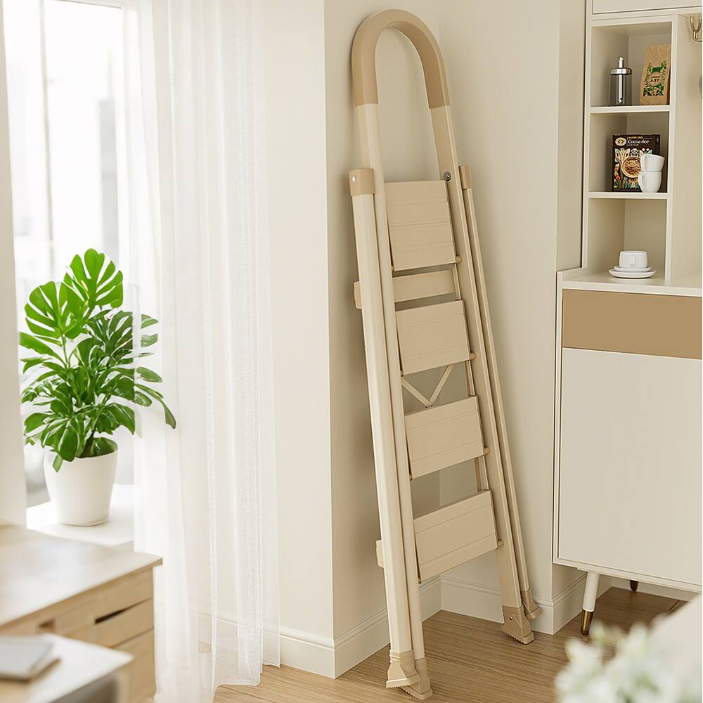 Alt View 7. Topteng - 4-Step Folding Ladder - Ultra-Slim Fold, Anti-Slip Pedal & Handrails, 330lb Capacity, Lightweight for Home & Office - Cream.
