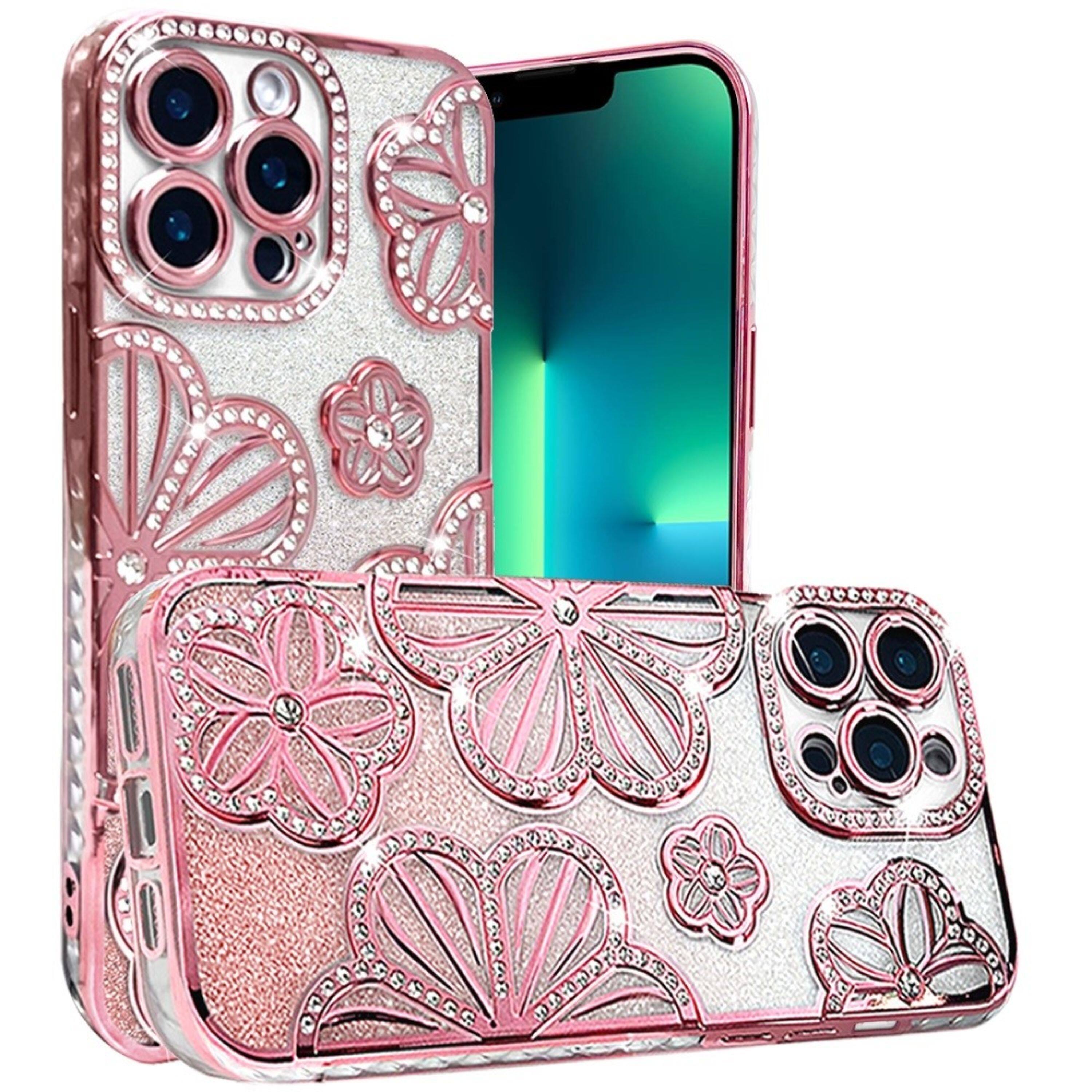 Angle. Kitcheniva - Bling Floral Case With 3D Rhinestone Glitter Cover For iPhone 13 Pro Max Rose Gold - Rose Gold.