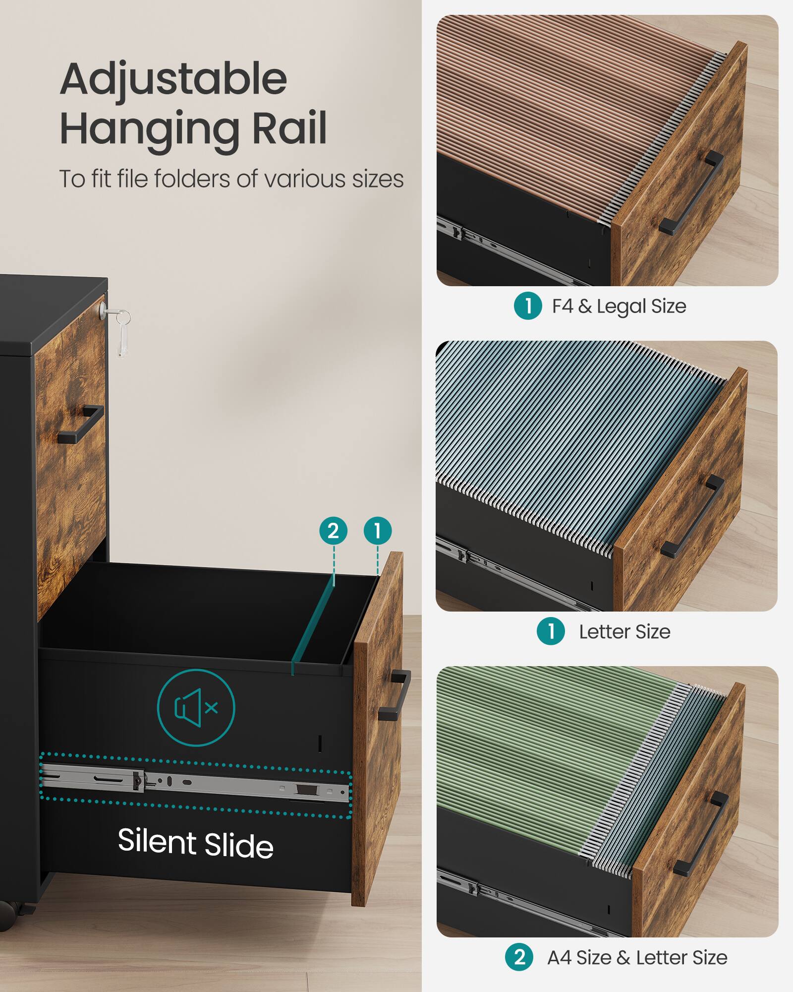 Adjustable Hanging Rail  
To fit file folders of various sizes

1. F4 & Legal Size  
2. Letter Size  
3. A4 Size & Letter Size

Silent Slide