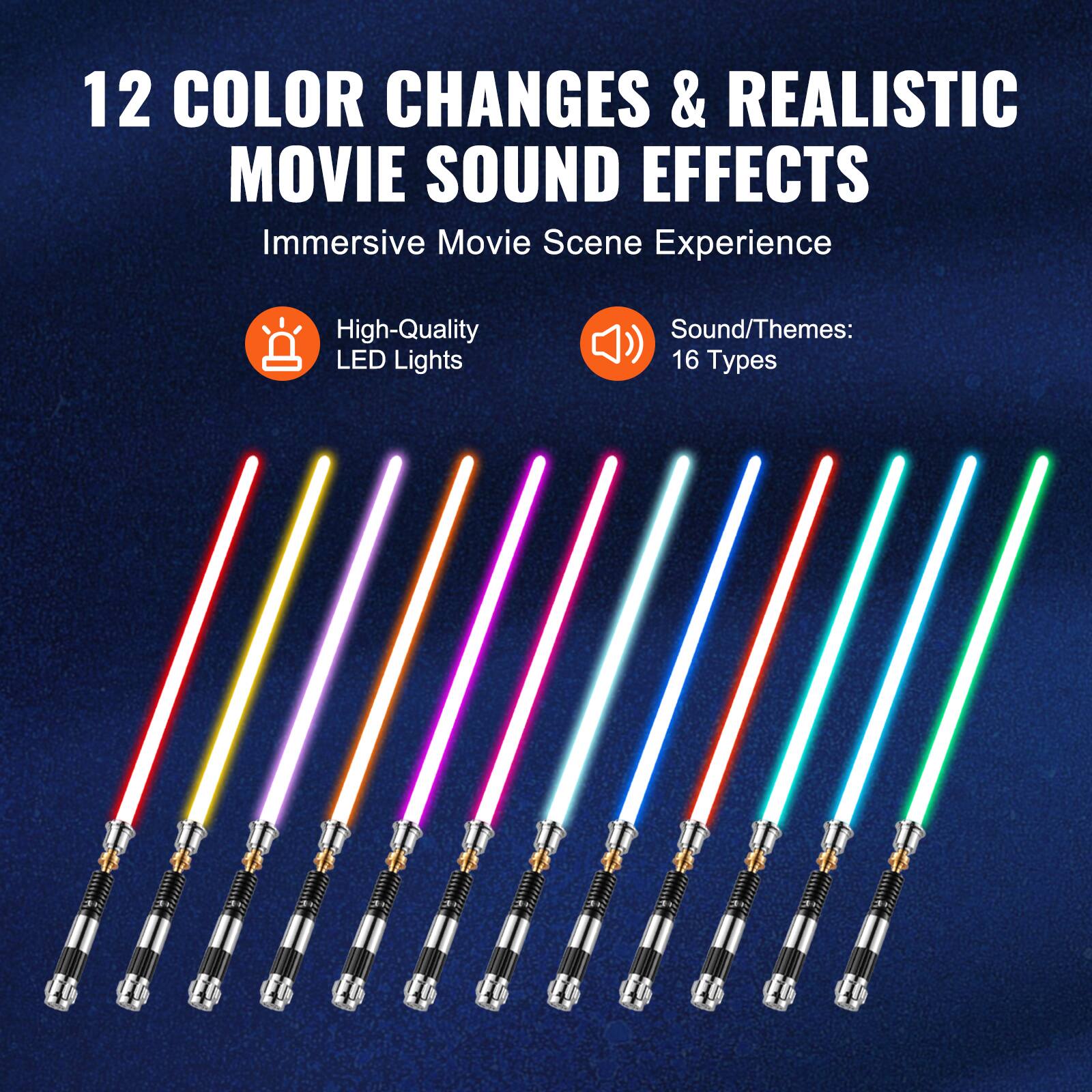 12 COLOR CHANGES & REALISTIC MOVIE SOUND EFFECTS  
Immersive Movie Scene Experience  

High-Quality LED Lights  
Sound/Themes: 16 Types