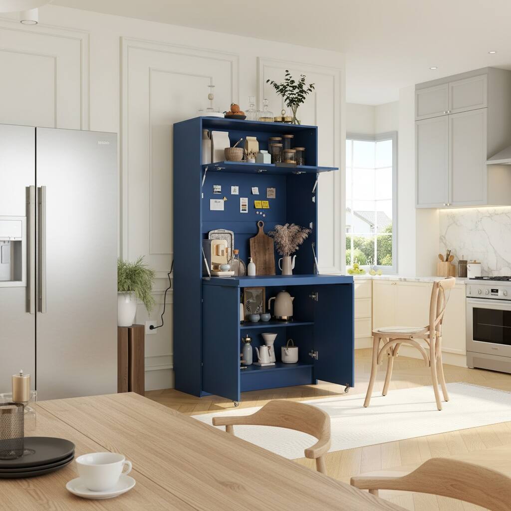 Left. Forest'nSky - 69" Tall Kitchen Pantry Cabinet with Hutch, Foldable Workstation & Power Outlet, Dark Blue - Dark Blue.