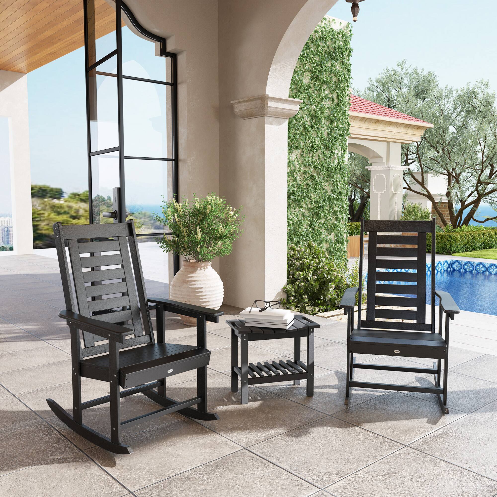 Angle. Outsunny - Outdoor Rocking Chairs Set of 2, HDPE Patio Rocking Chairs with 28" High Back and Wide Armrests - Black.
