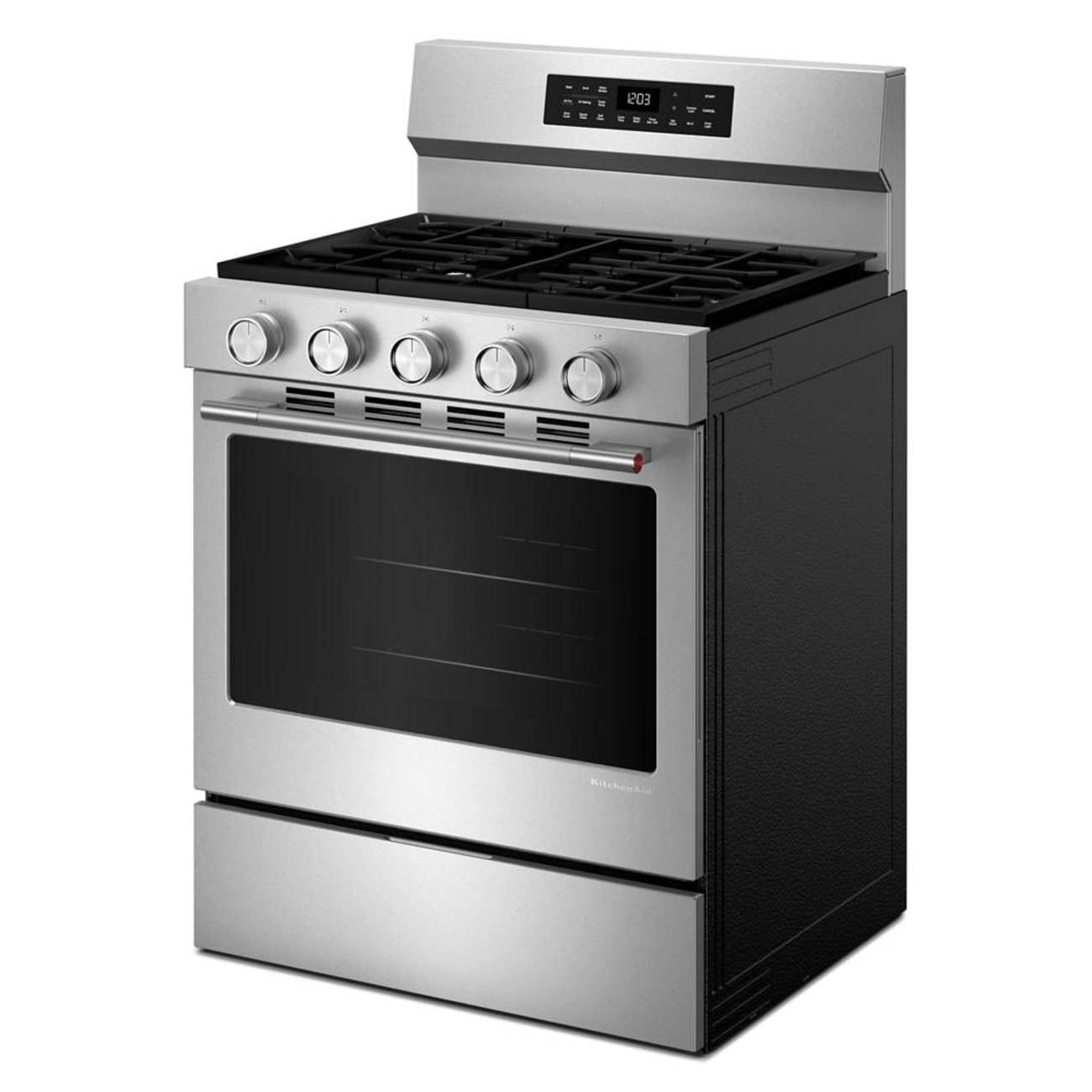 Left. KitchenAid - 30 in. Wide 5 burners 5.0 cu. ft. Smart Freestanding Gas Range with Convection Cooking Modes - PrintShield Stainless Finish.