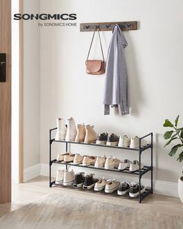 Songmics Home - Shoe Rack, 3-Tier Shoe Storage Organizer, Metal Shoe Shelf, Fits 12 to 15 Pairs of Shoes, Stackable Shoe Tower - Black