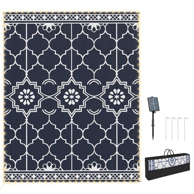 PULUZ - Reversible Outdoor Rug Carpet with LED Lights, 10 feet x 8 feet PP Straw Rug with Carry Bag and Ground Stakes - Blue