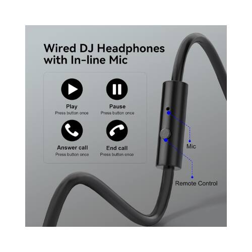 Wired DJ Headphones with In-line Mic

- Play: Press button once
- Pause: Press button once
- Answer call: Press button once
- End call: Press button once

Mic
Remote Control