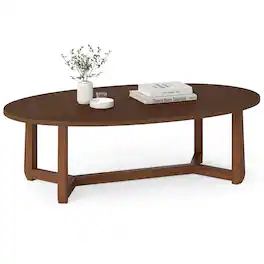 Costway - 46" Oval Coffee Table with Thickened Top & Solid Rubber Wood Frame for Living Room - Walnut