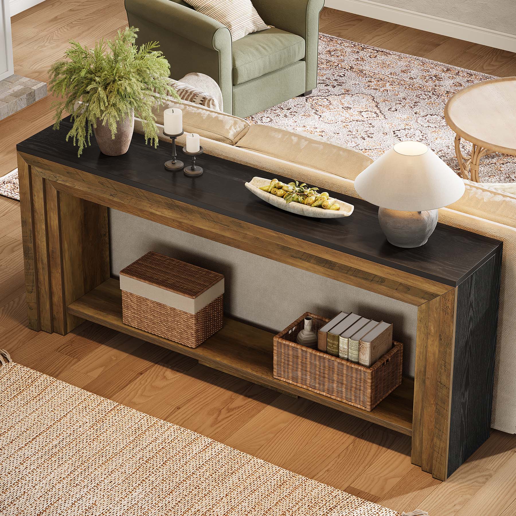Back. Tribesigns - Console Table with Engineered Wood Construction and Storage Shelves for Entryway and Living Room - Brown.