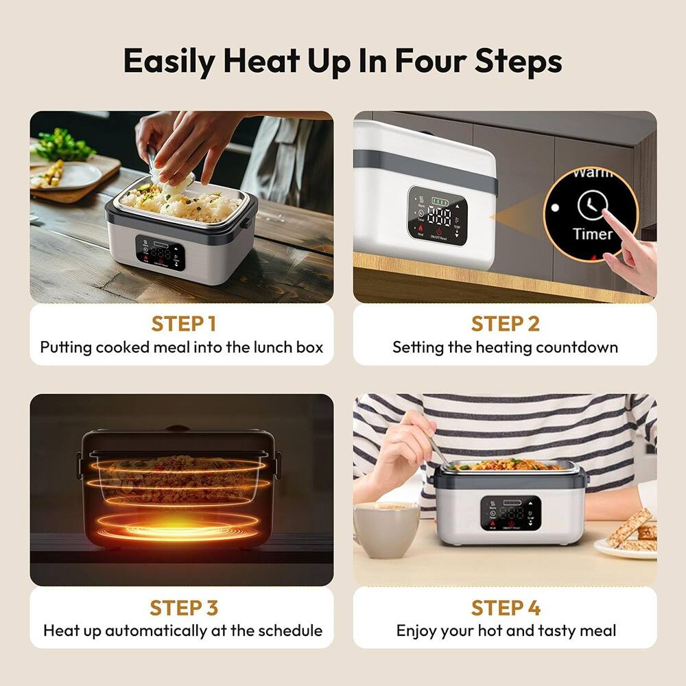 Easily Heat Up In Four Steps

STEP 1  
Putting cooked meal into the lunch box

STEP 2  
Setting the heating countdown

STEP 3  
Heat up automatically at the schedule

STEP 4  
Enjoy your hot and tasty meal