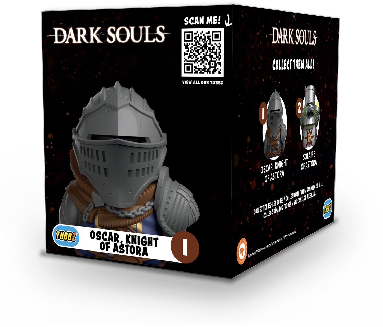 SCAN ME! DARK SOULS COLLECT THEM ALL! VISIT ALL OUR TUBBZ. 1 OSCAR, KNIGHT OF ASTORA. 2 SOLAIRE. OSCAR, KNIGHT OF ASTORA. COLLECTION.
