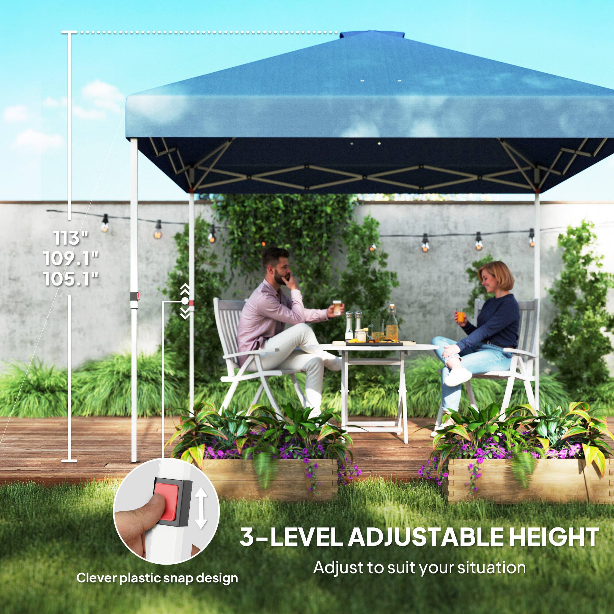 113" 109.1" 105.1" 3-LEVEL ADJUSTABLE HEIGHT Adjust to suit your situation Clever plastic snap design