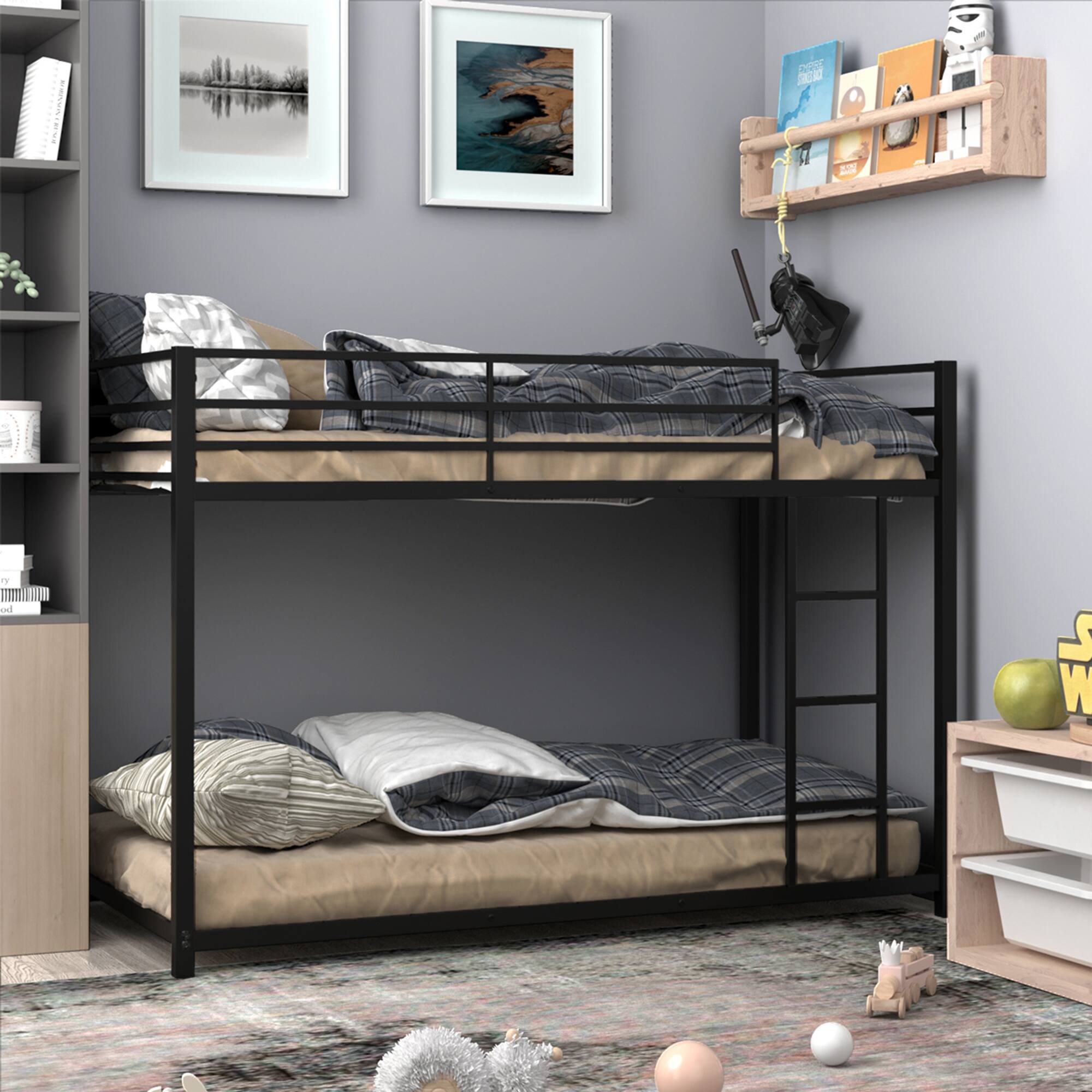 Alt View 3. Gymax - Gymax Twin Over Twin Bunk Bed Metal Platform Bed Frame W/ Guard Rails & Side Ladder - Black.